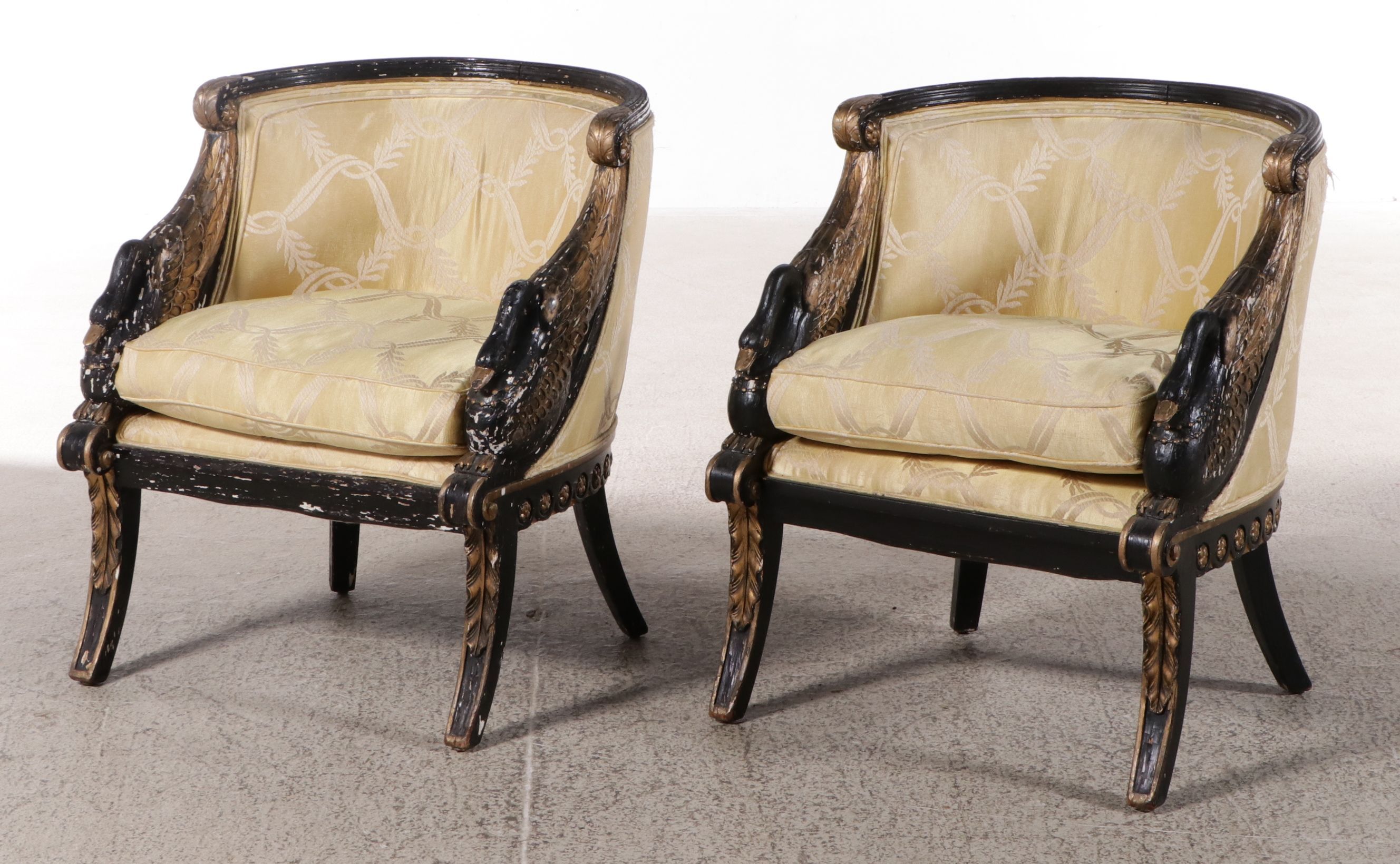 Pair of Empire Revival Painted & Parcel Gilt Armchairs, Late 19th Century