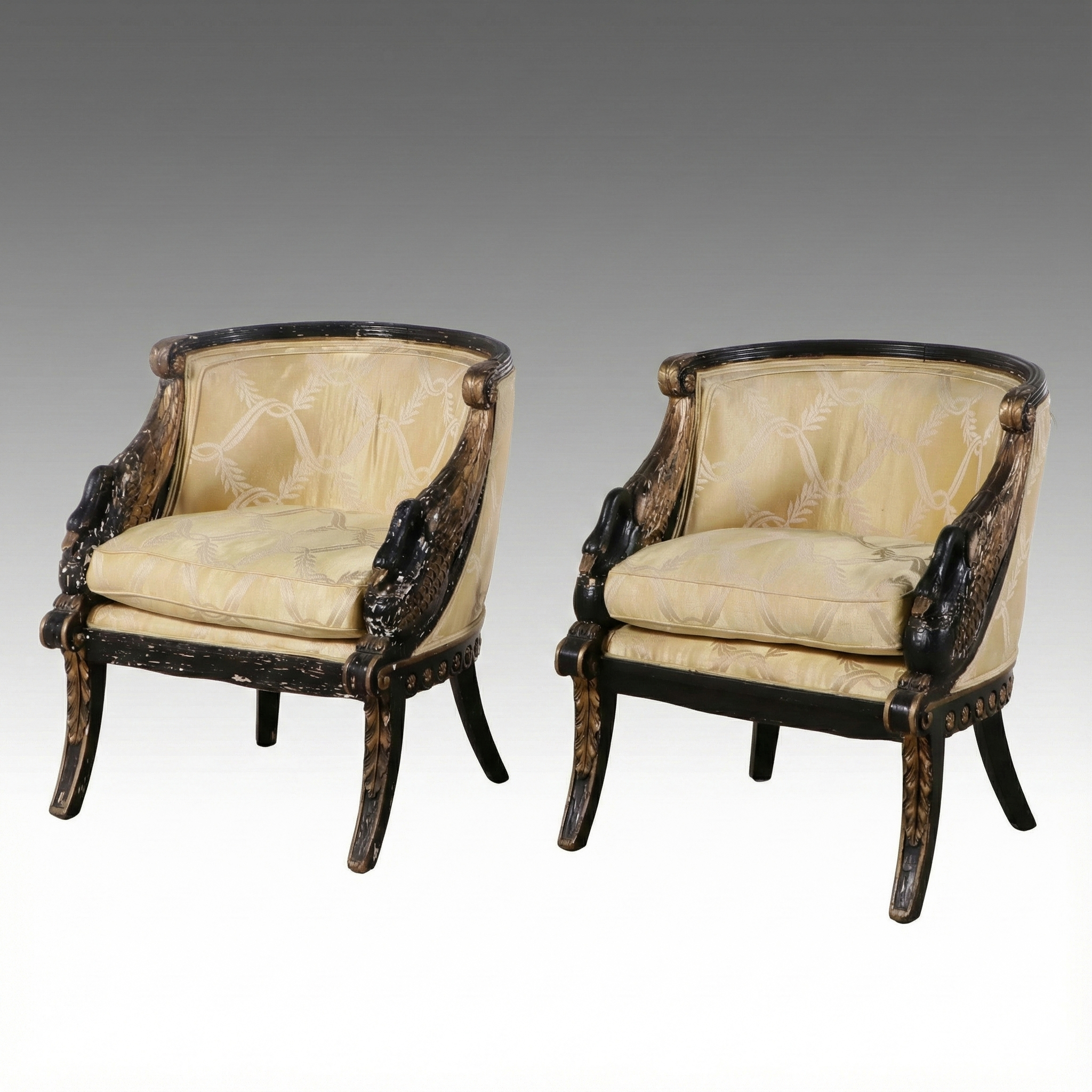 Pair of Empire Revival Painted & Parcel Gilt Armchairs, Late 19th Century
