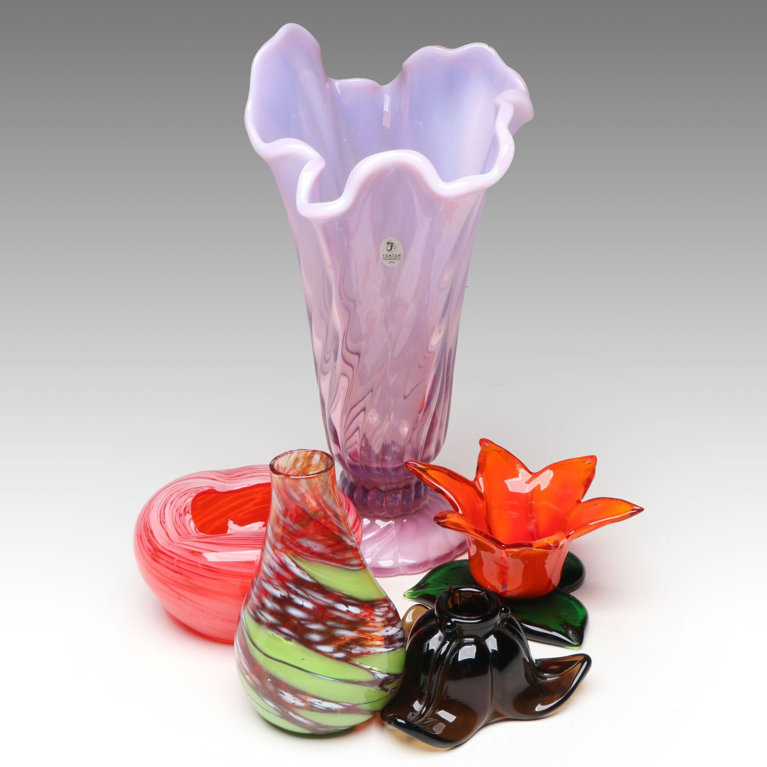 Fenton Opalescent Blush Glass Vase with More Art Glass Vases and Candle Holders