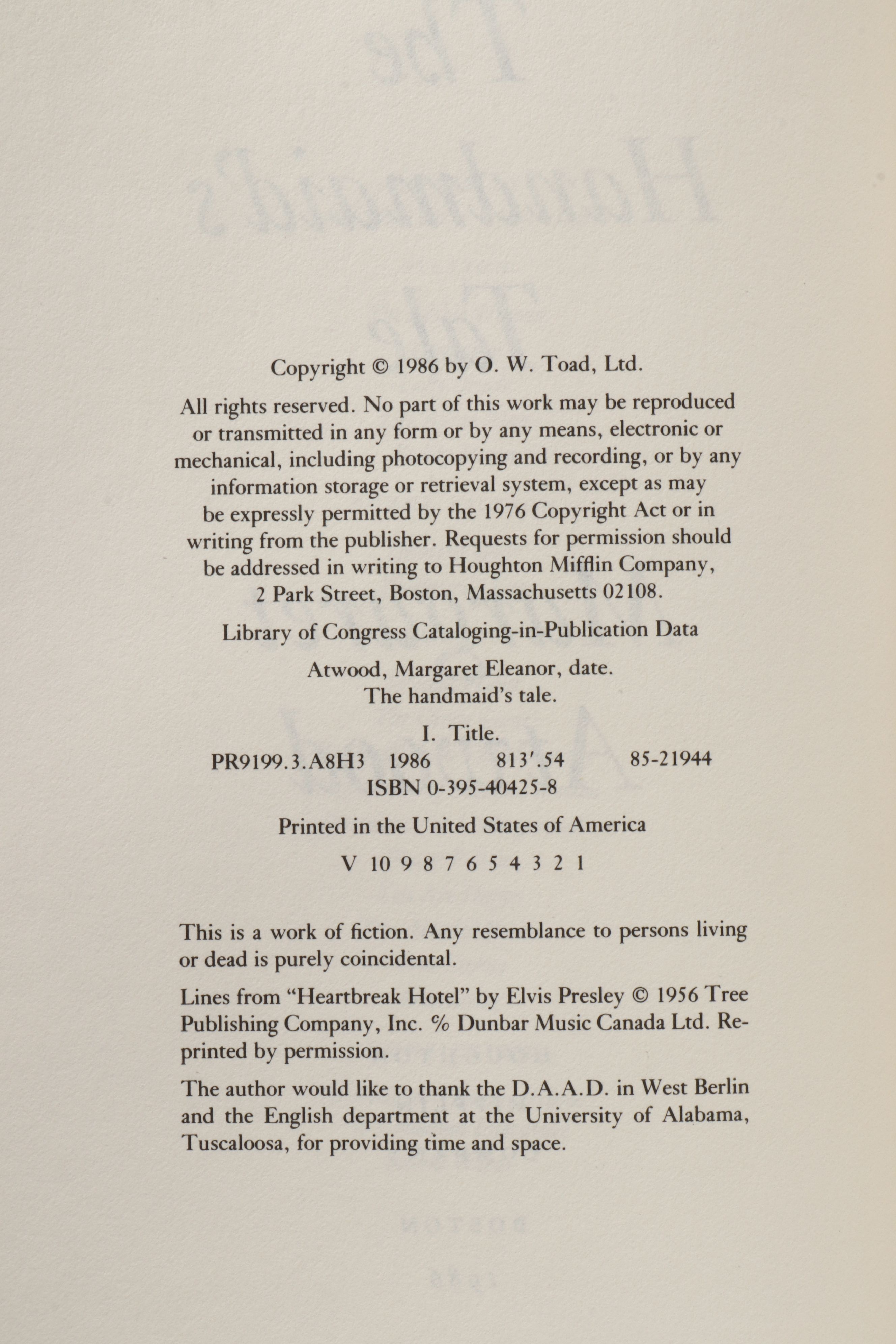 First Printing "The Handmaid's Tale" by Margaret Atwood, 1986