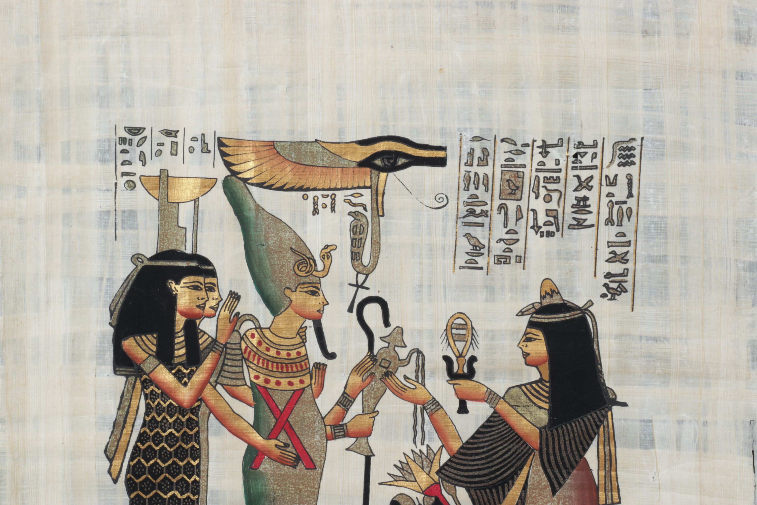 Egyptian Style Gouache Painting of Princess Offering to Osiris, Isis, & Nephthys