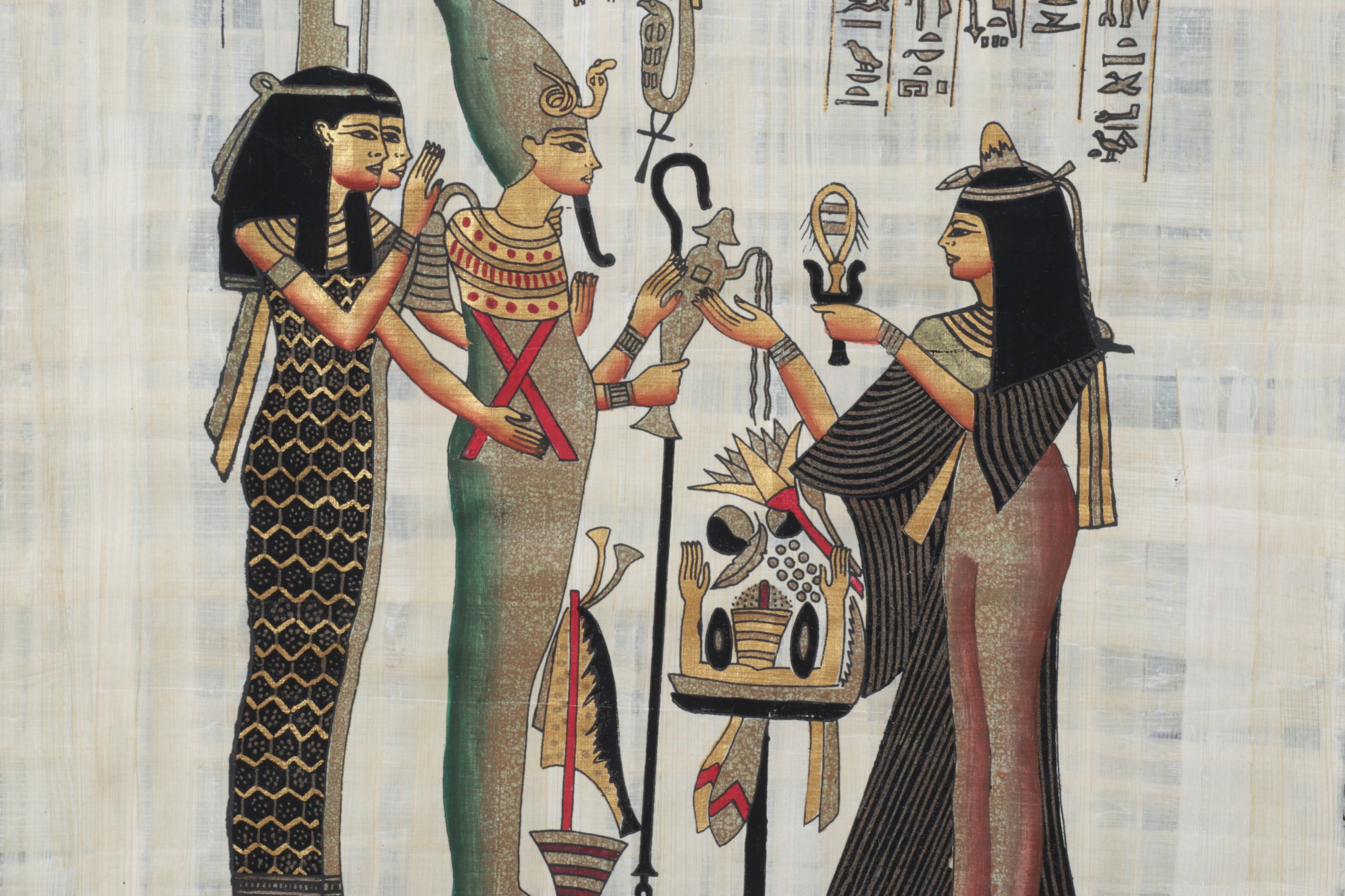 Egyptian Style Gouache Painting of Princess Offering to Osiris, Isis, & Nephthys