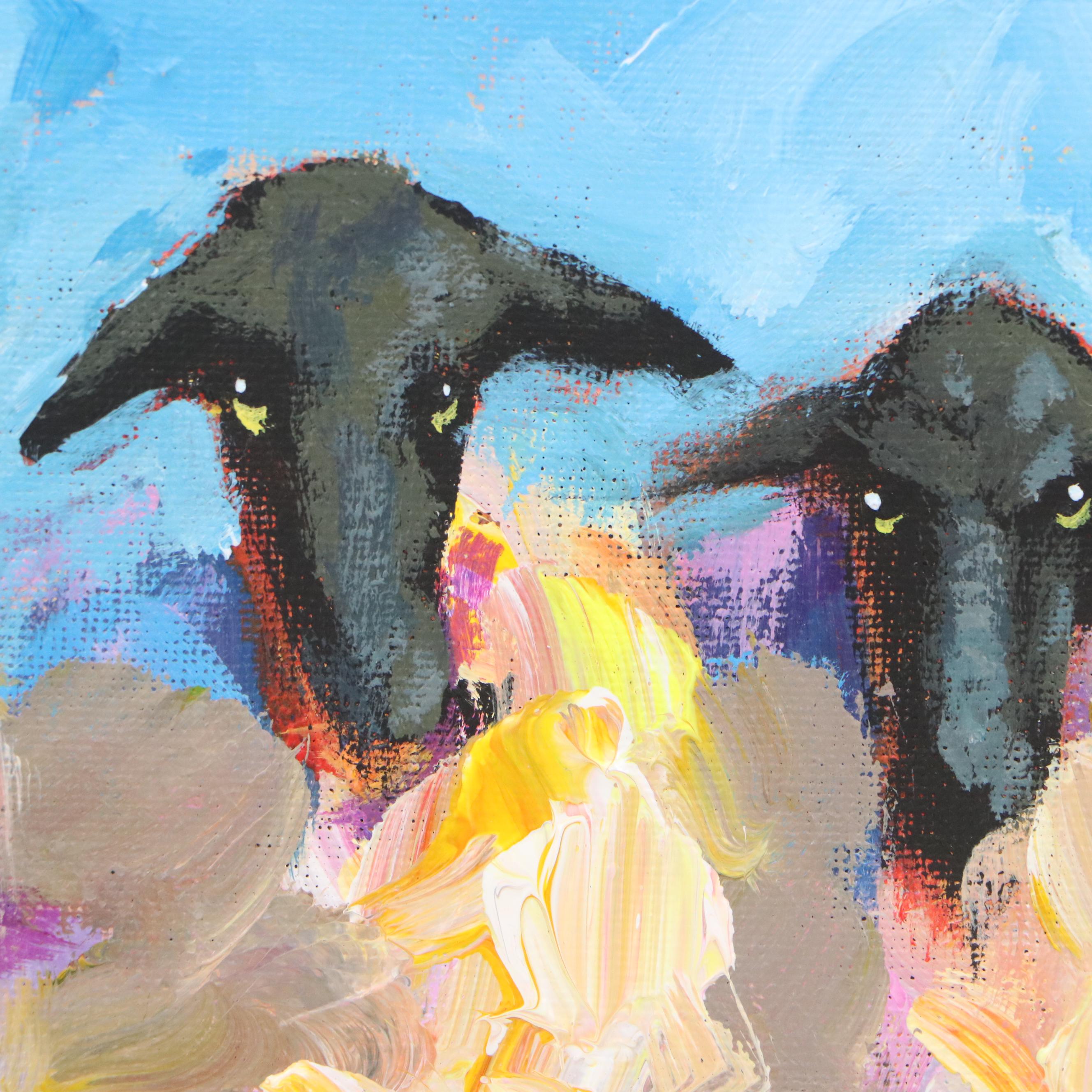 Elle Raines Stylized Acrylic Painting "Three Sheep"