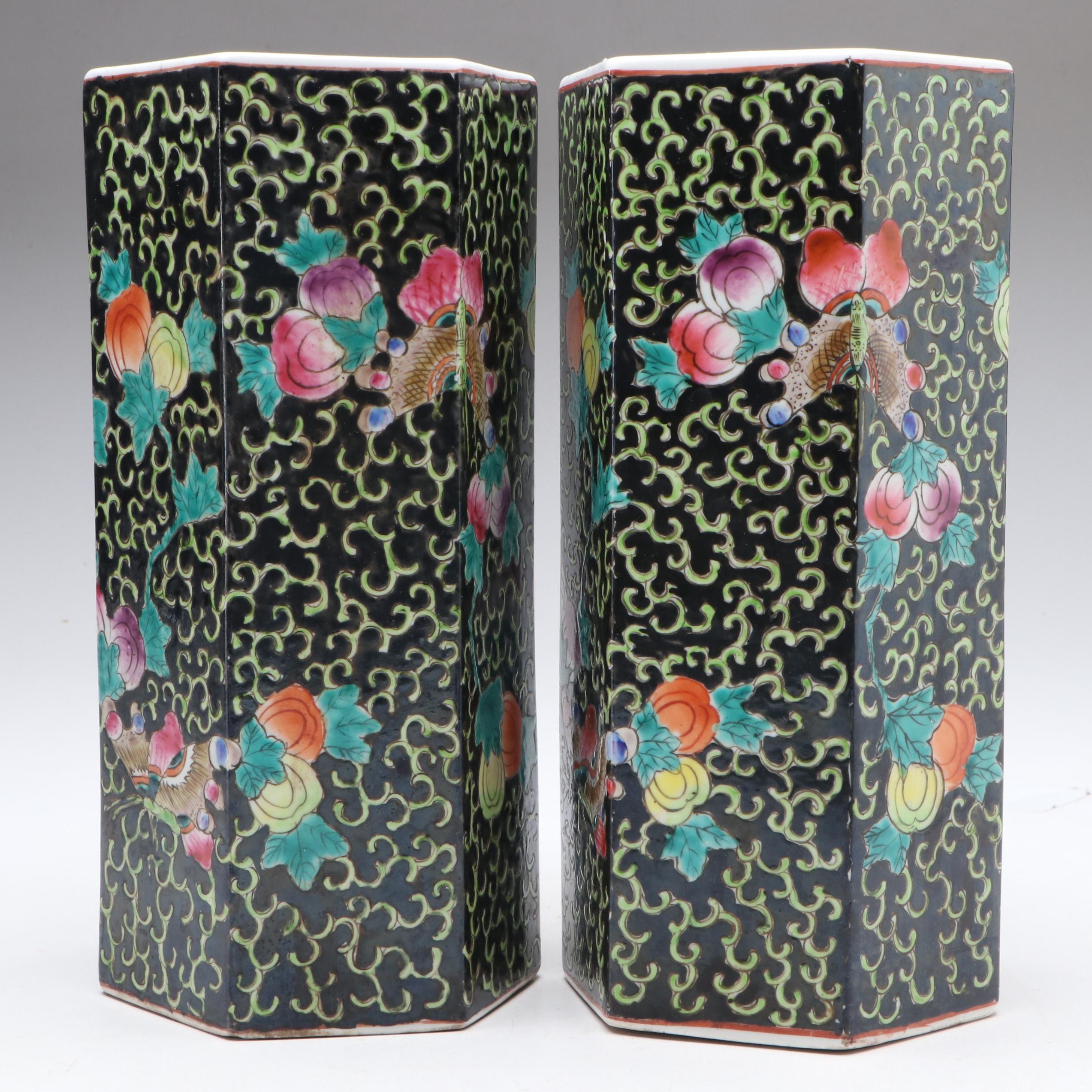 Chinese Hand-Painted Famille Noire Porcelain Vases
