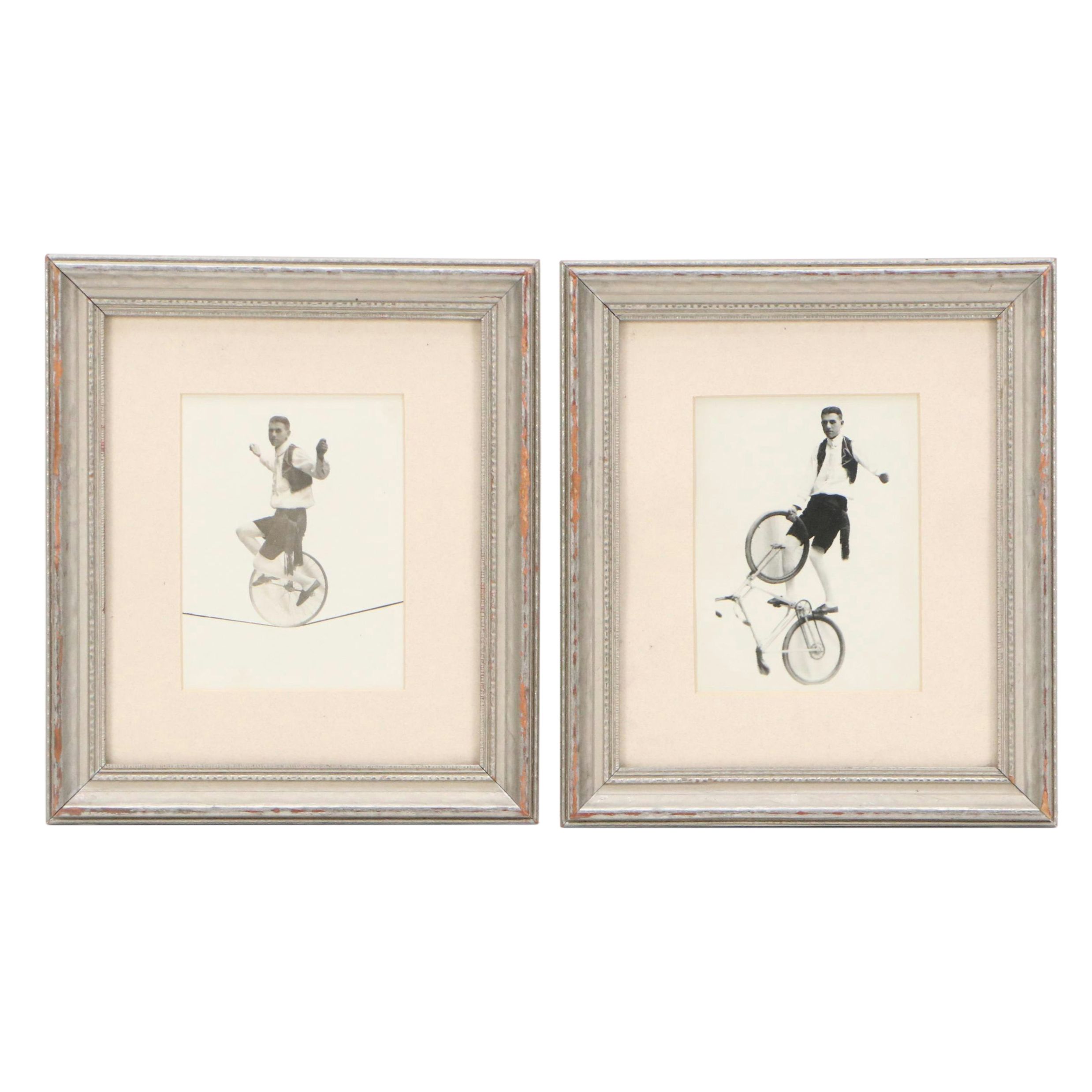 Silver Prints of Unicyclist on Tightrope and on Bicycle, Circa 1900