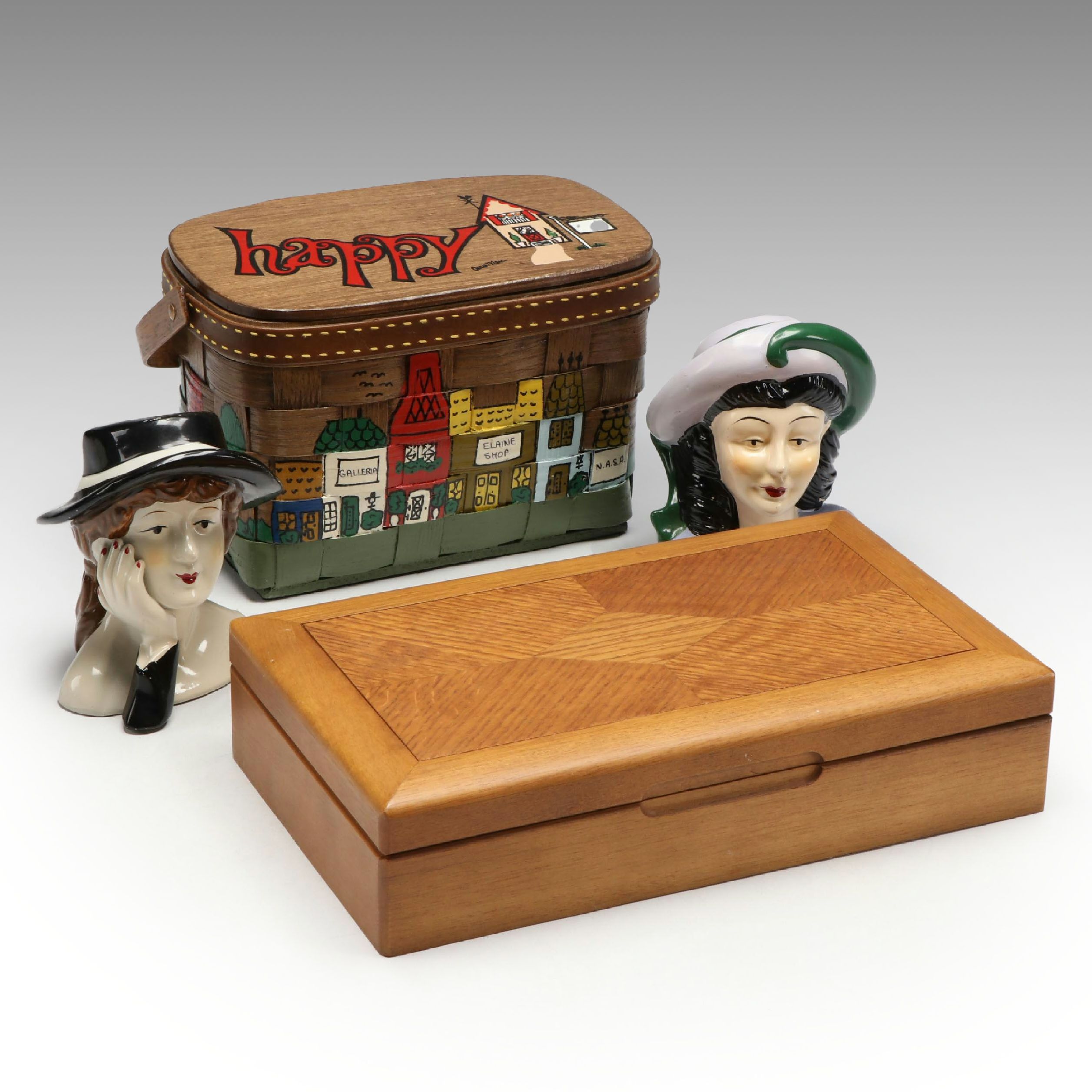 "The Elaine Shops" Handwoven Basket Purse with Jewelry Box and Ceramic Busts