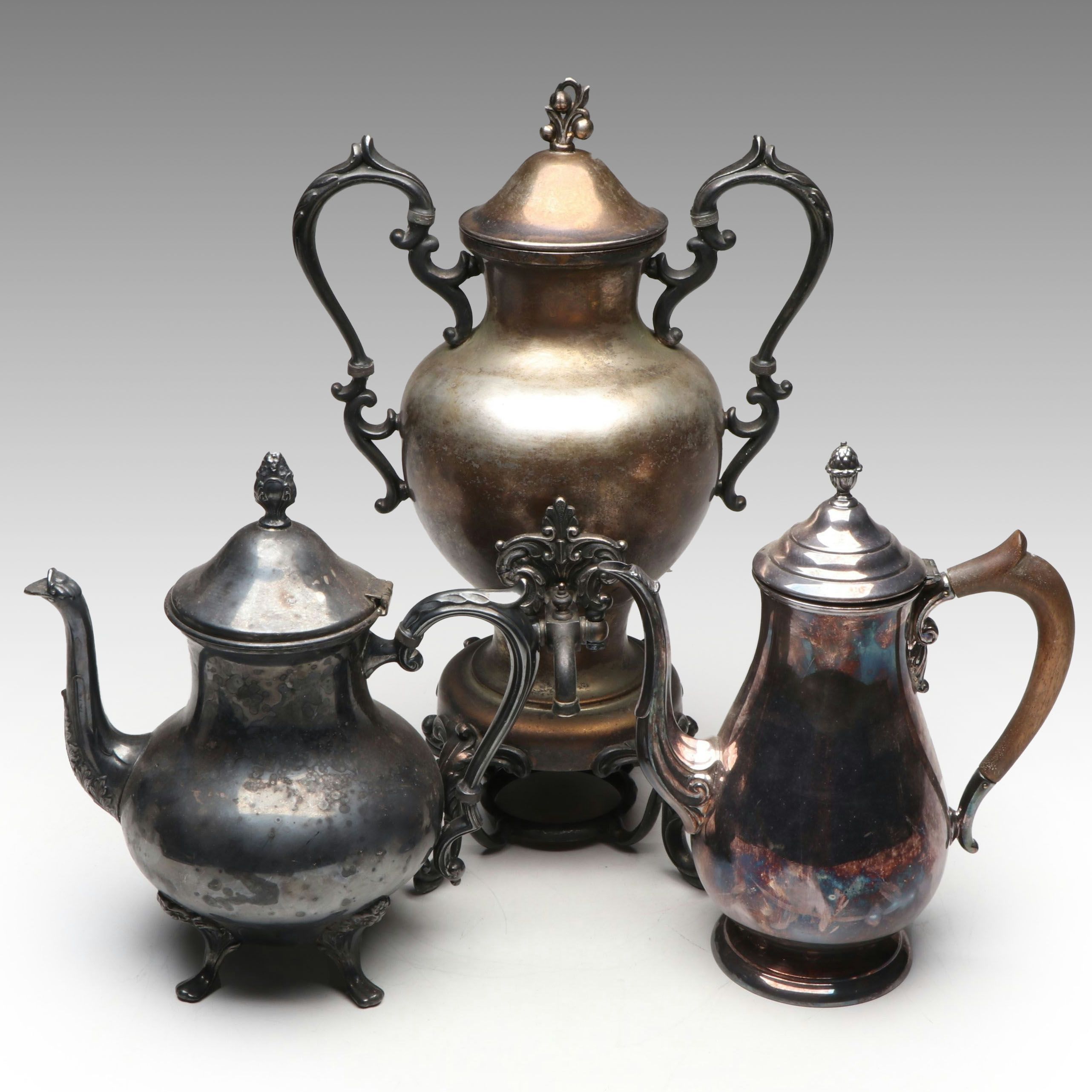 Silver Plated Copper Birmingham Coffee Urn with More Silver Plate Serveware