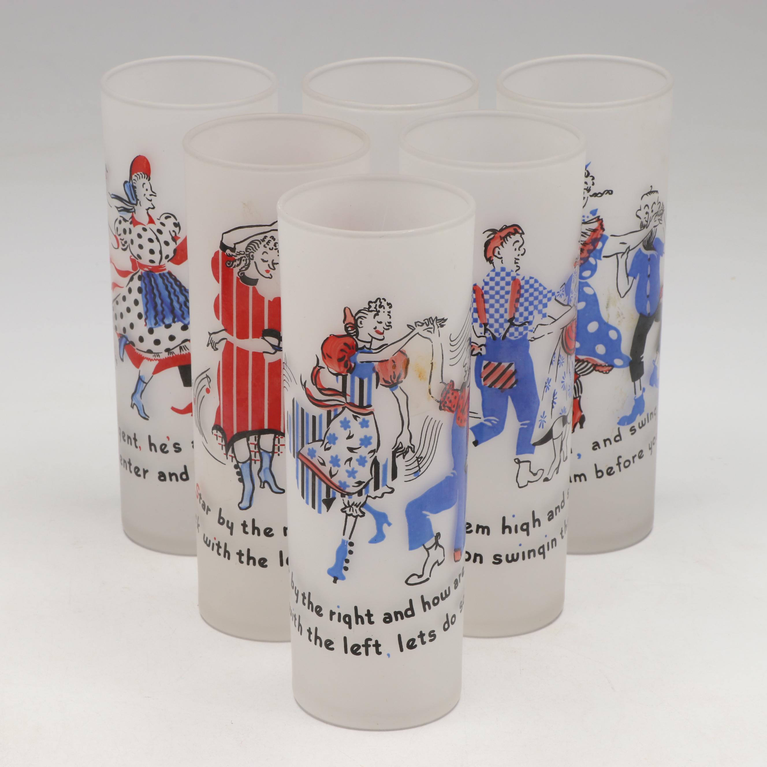 Vintage Federal Glass Frosted Glass Square Dancing Highballs and Sherbet Cups