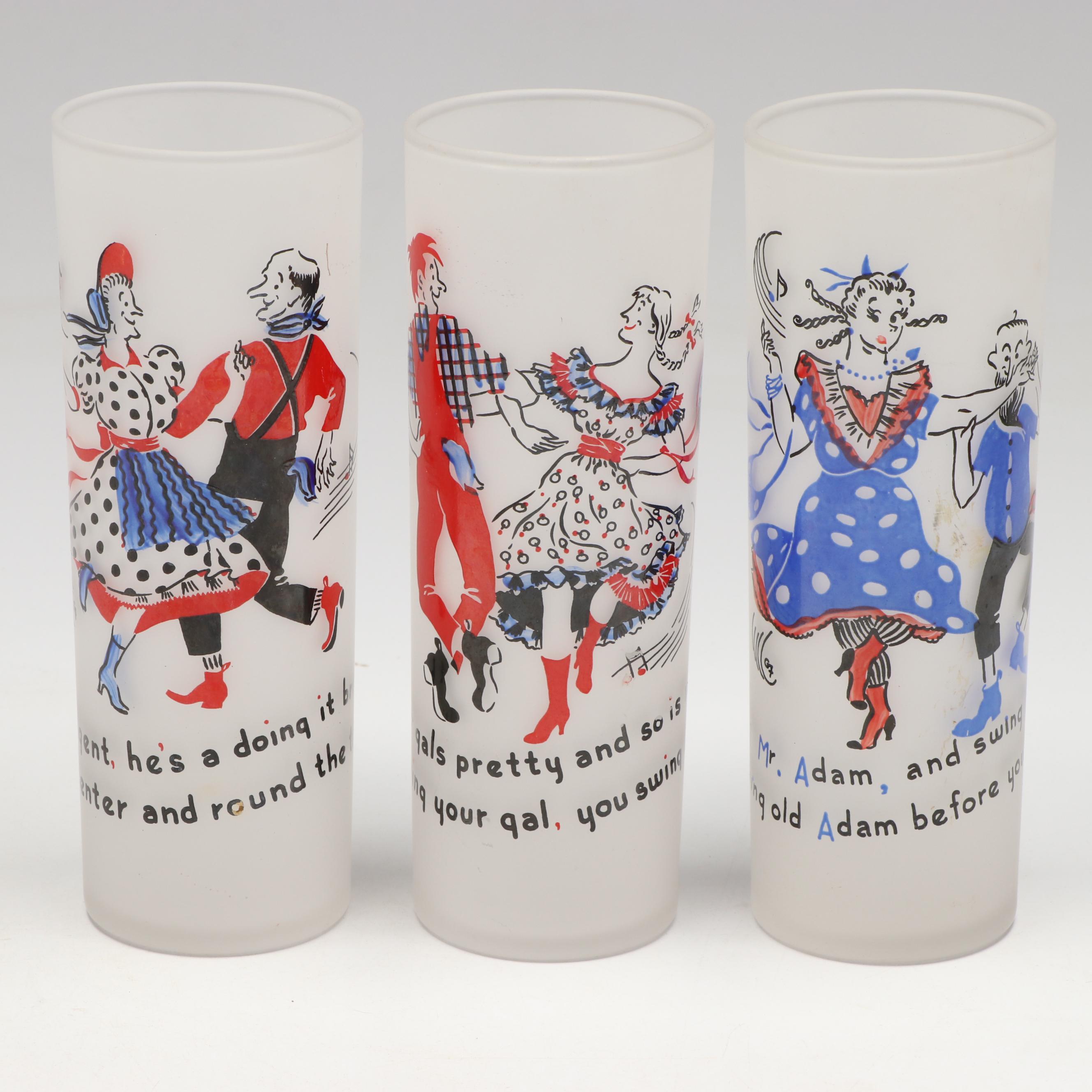 Vintage Federal Glass Frosted Glass Square Dancing Highballs and Sherbet Cups