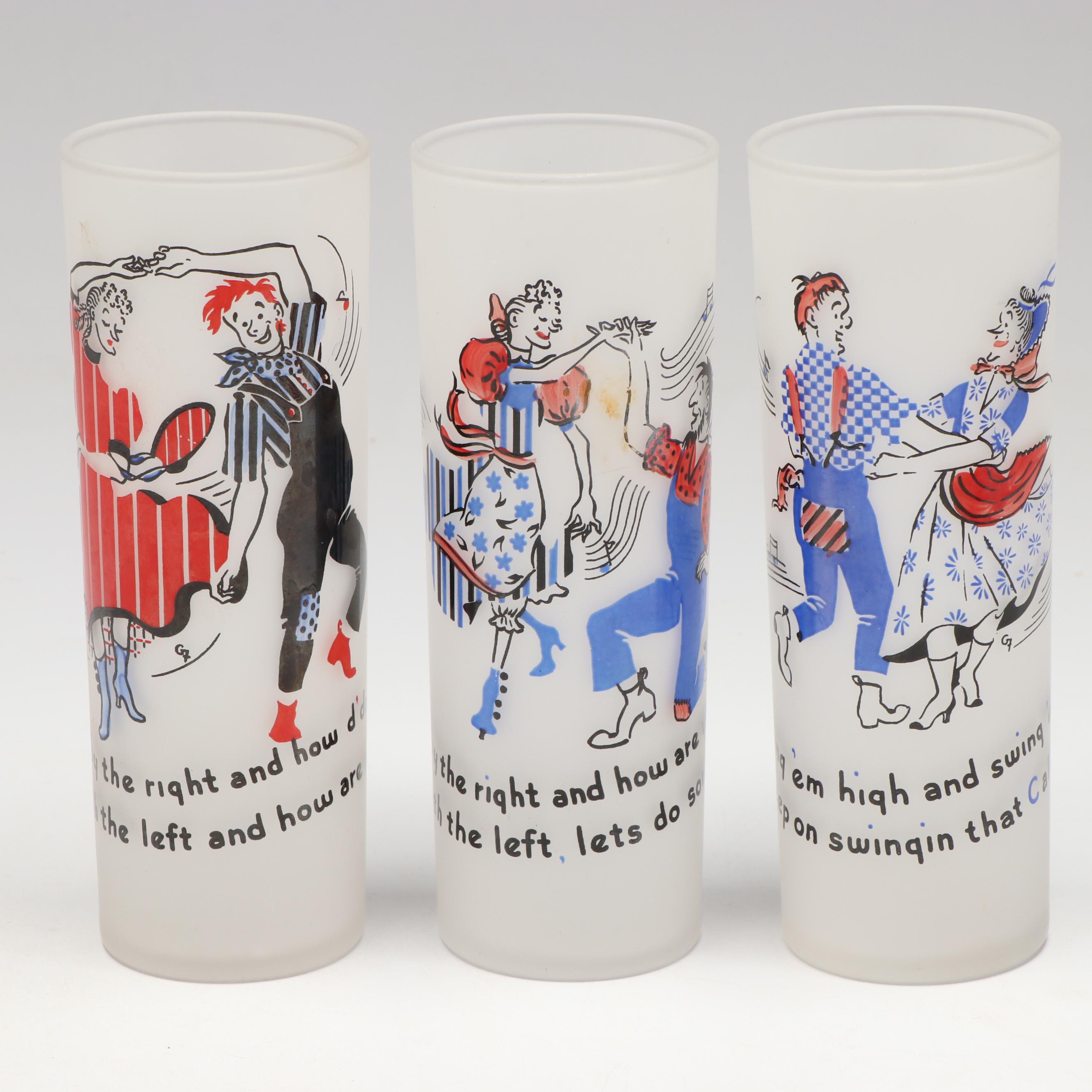 Vintage Federal Glass Frosted Glass Square Dancing Highballs and Sherbet Cups