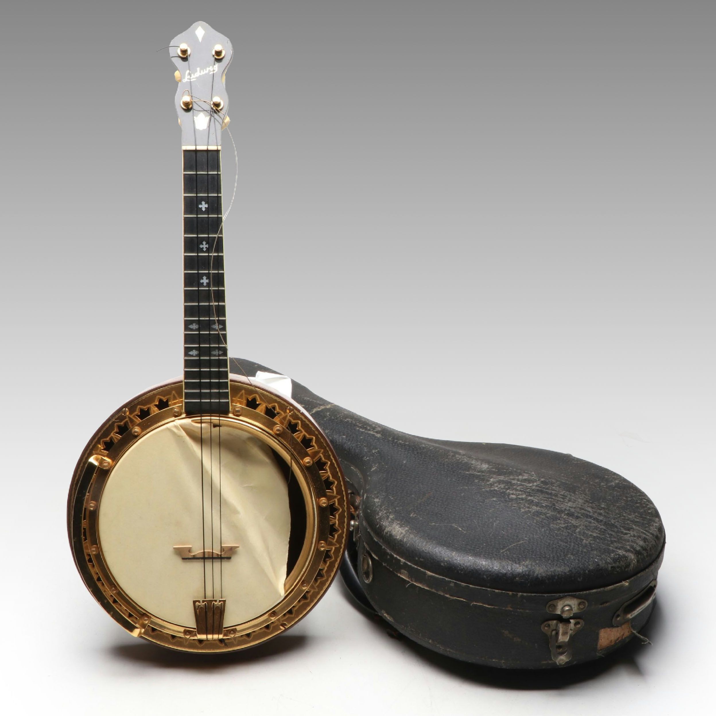 Ludwig Marquetry Wood and MOP Inlay Four-String Banjo, Early 20th Century
