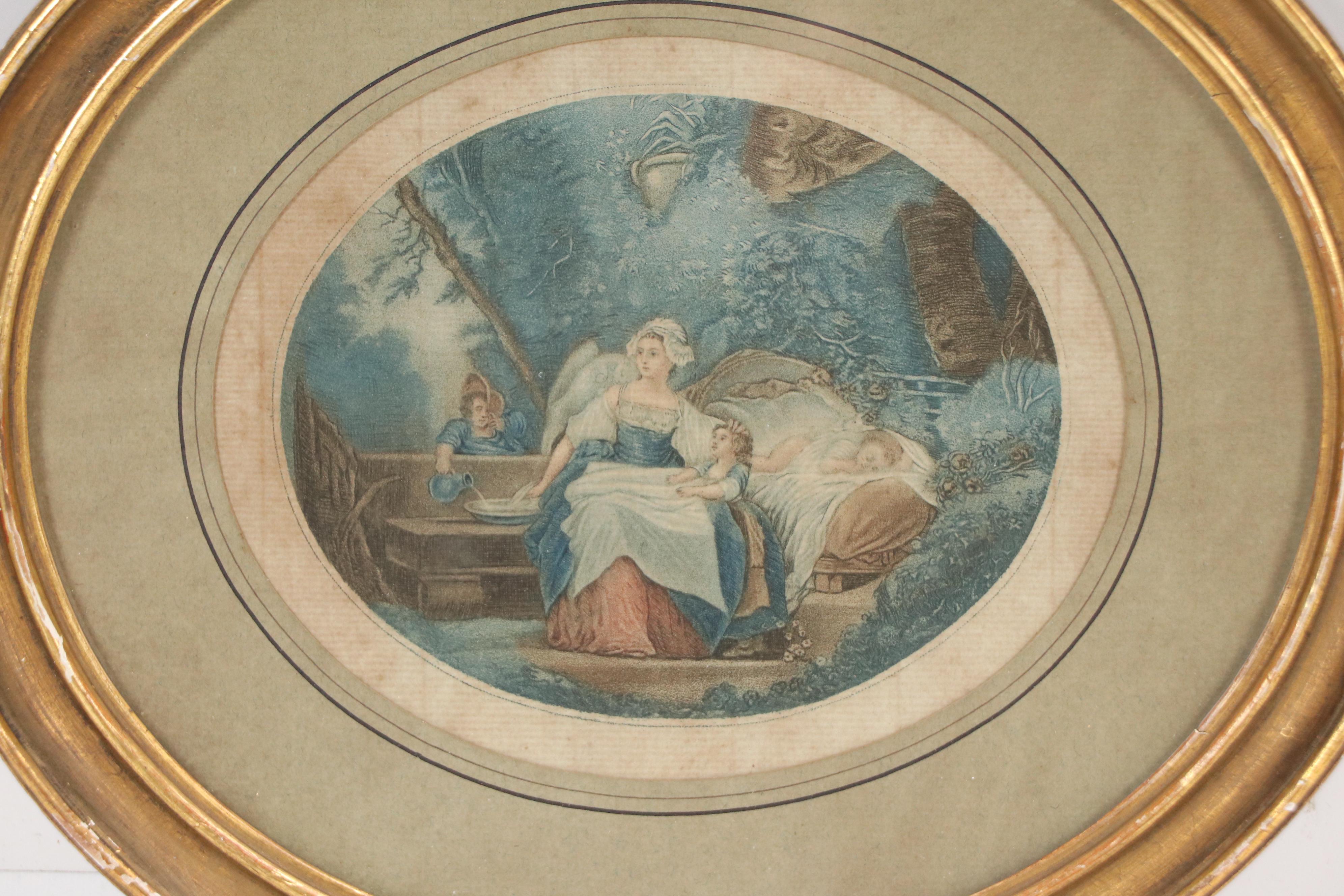 French School Color Lithograph of Mother with Children, 19th Century