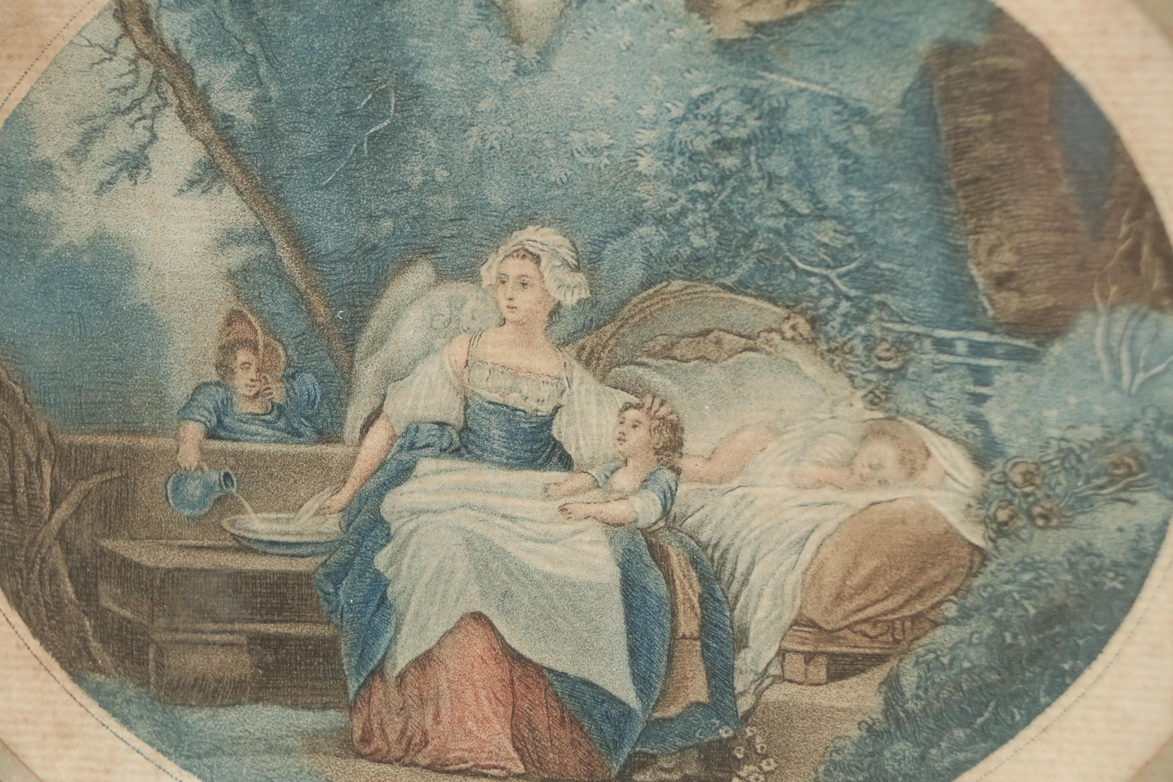 French School Color Lithograph of Mother with Children, 19th Century