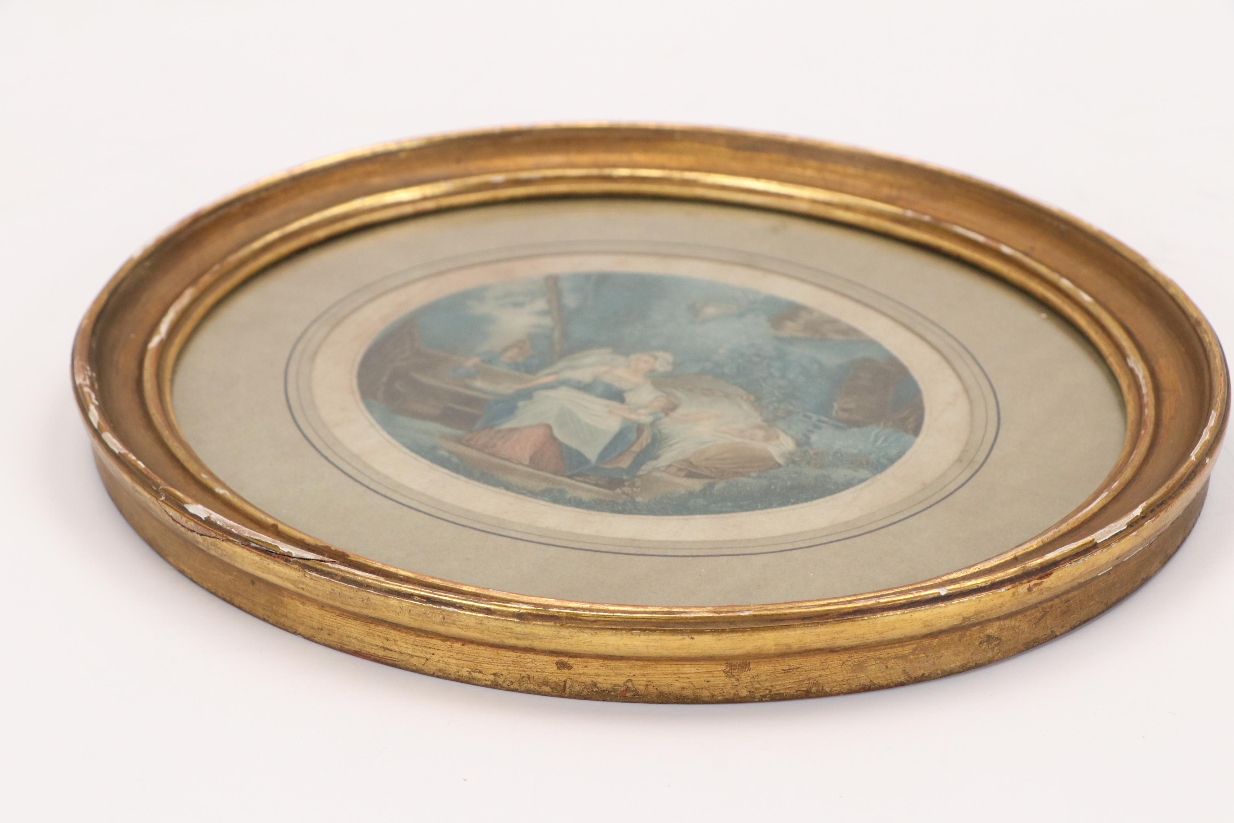 French School Color Lithograph of Mother with Children, 19th Century