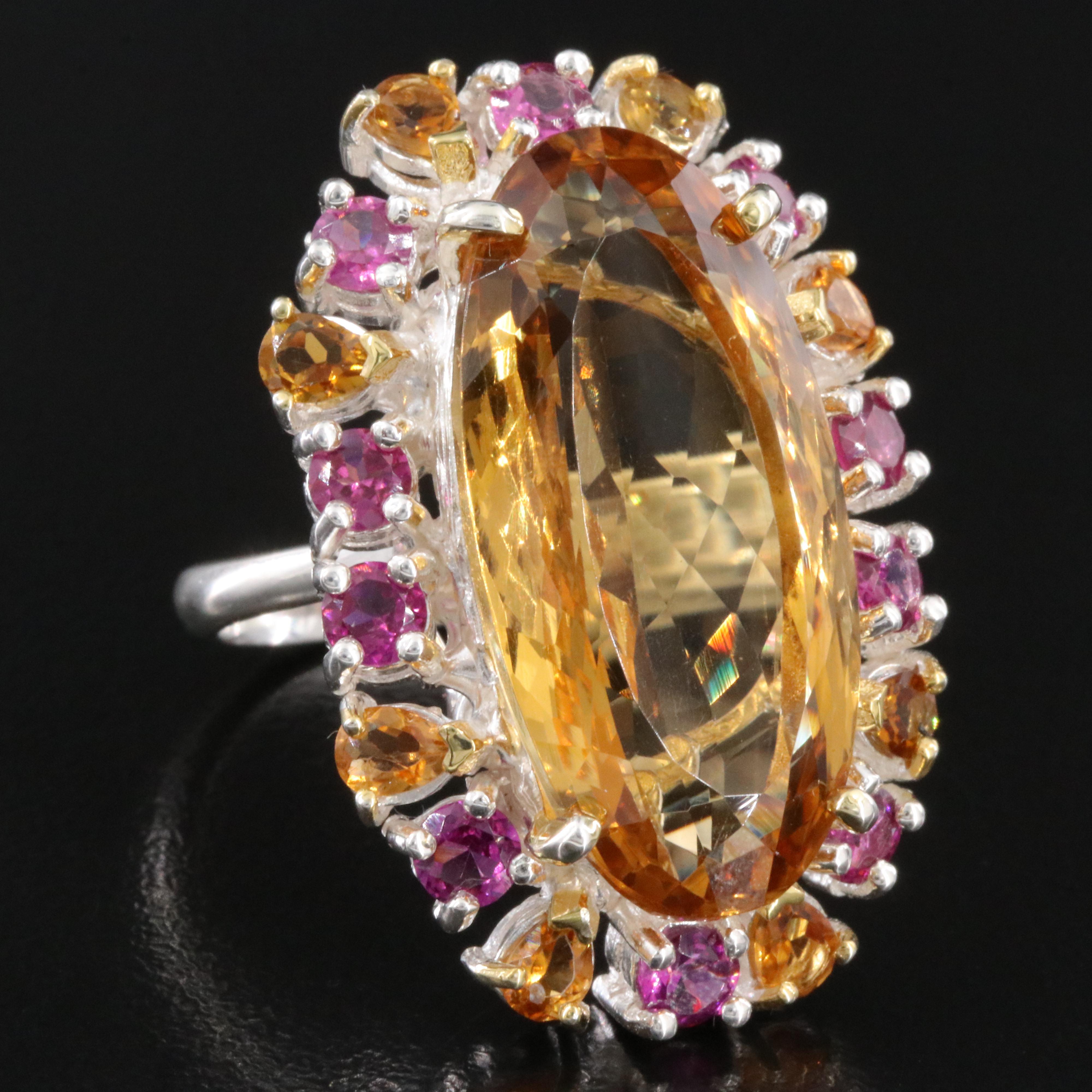 Sterling Citrine and Garnet Halo Ring
