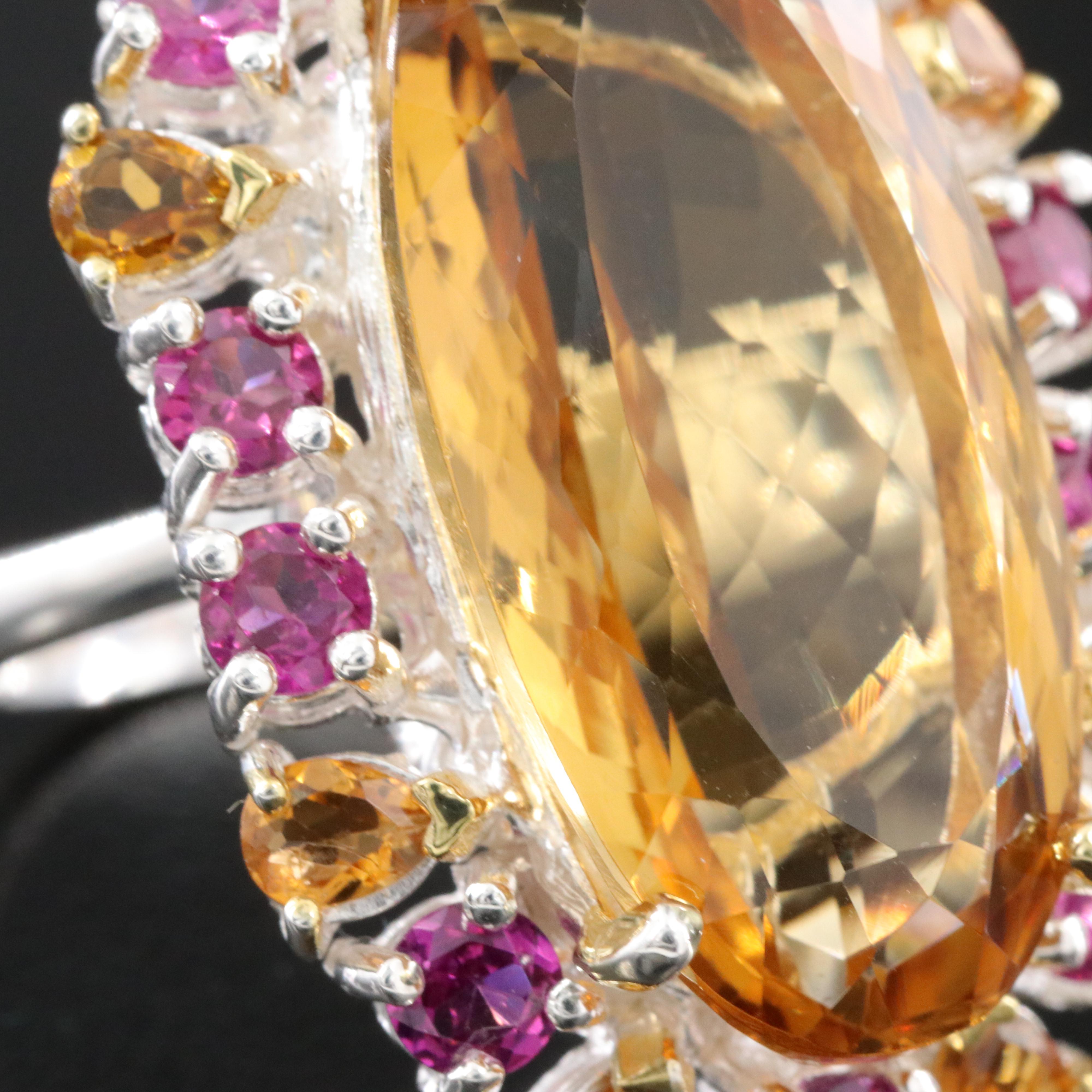 Sterling Citrine and Garnet Halo Ring