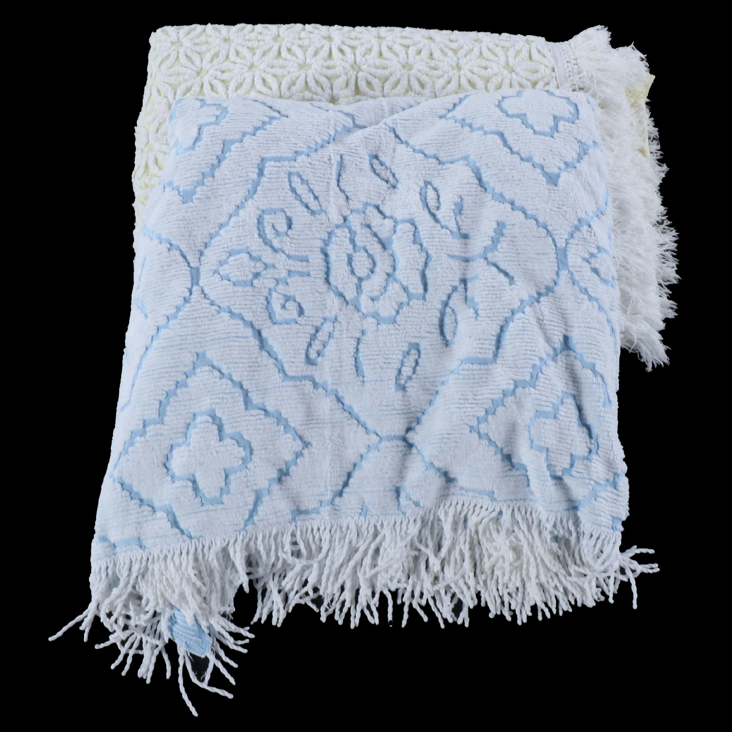Blue and Yellow Fringed Chenille Vintage Bedspreads, Mid-20th Century