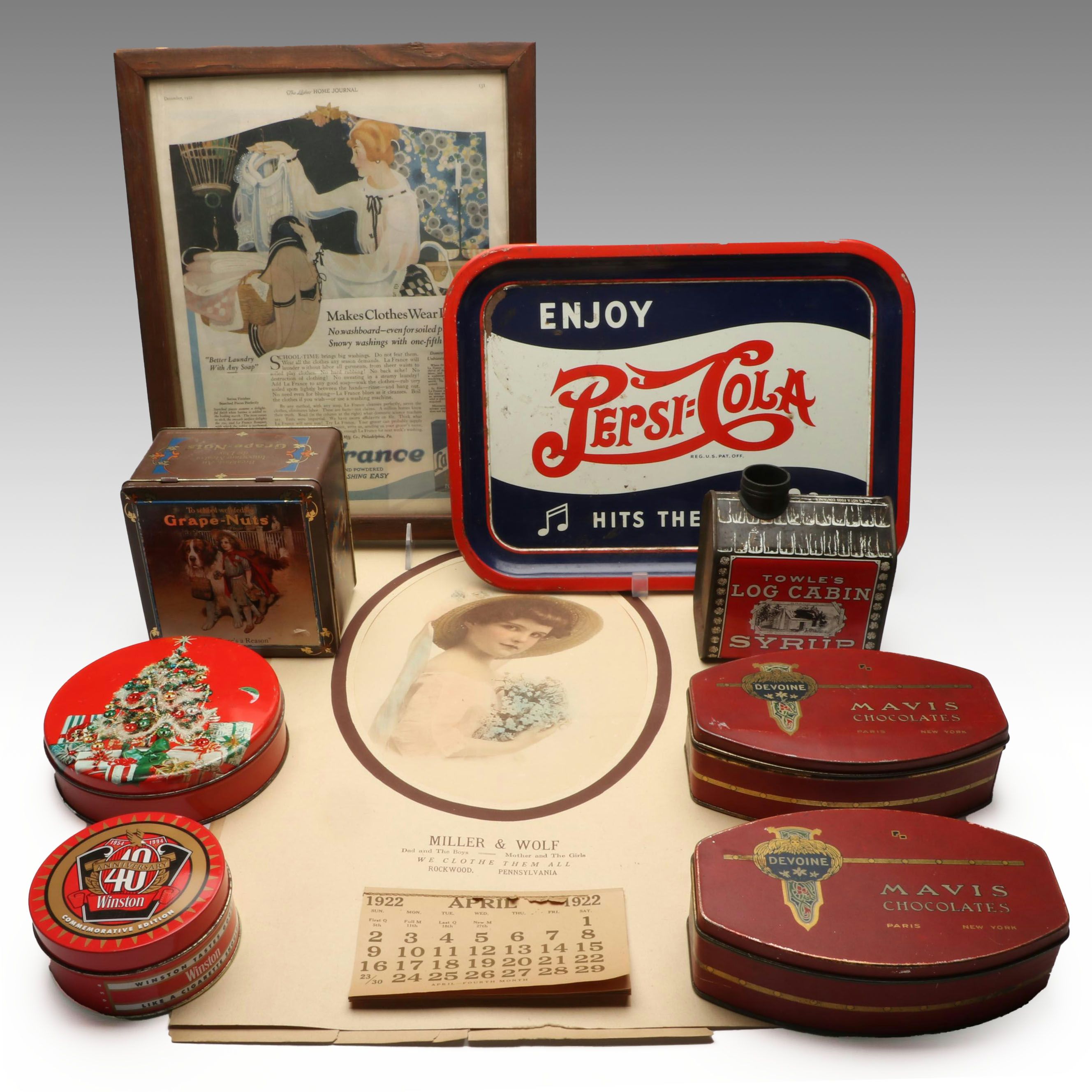 Pepsi-Cola and Other Tins, Calendar and More Vintage Advertising Memorabilia