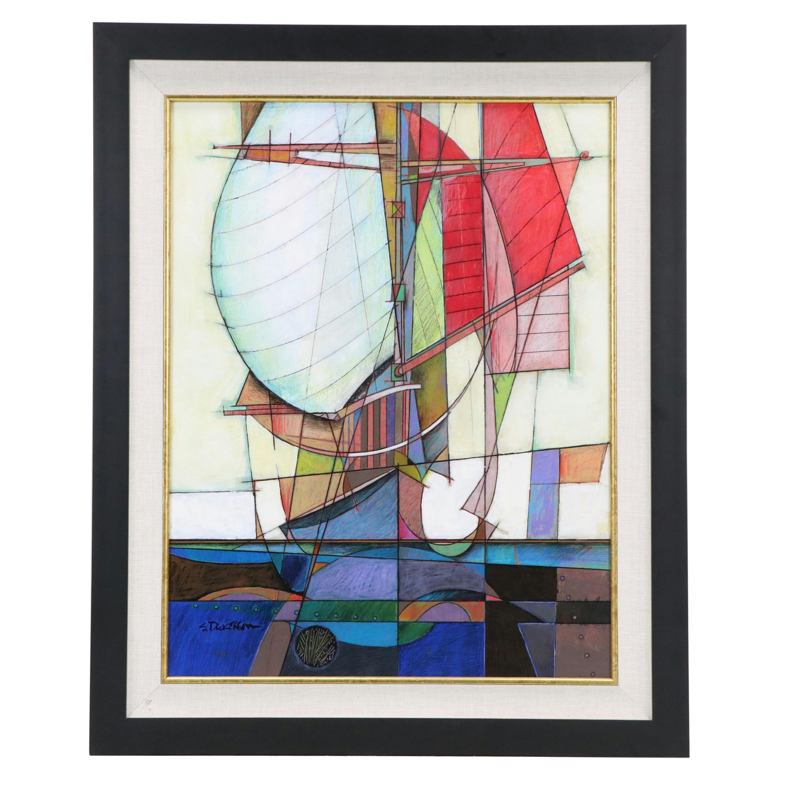 Stephen Dickerson Mixed Media Painting of Abstracted Ship, Late 20th Century