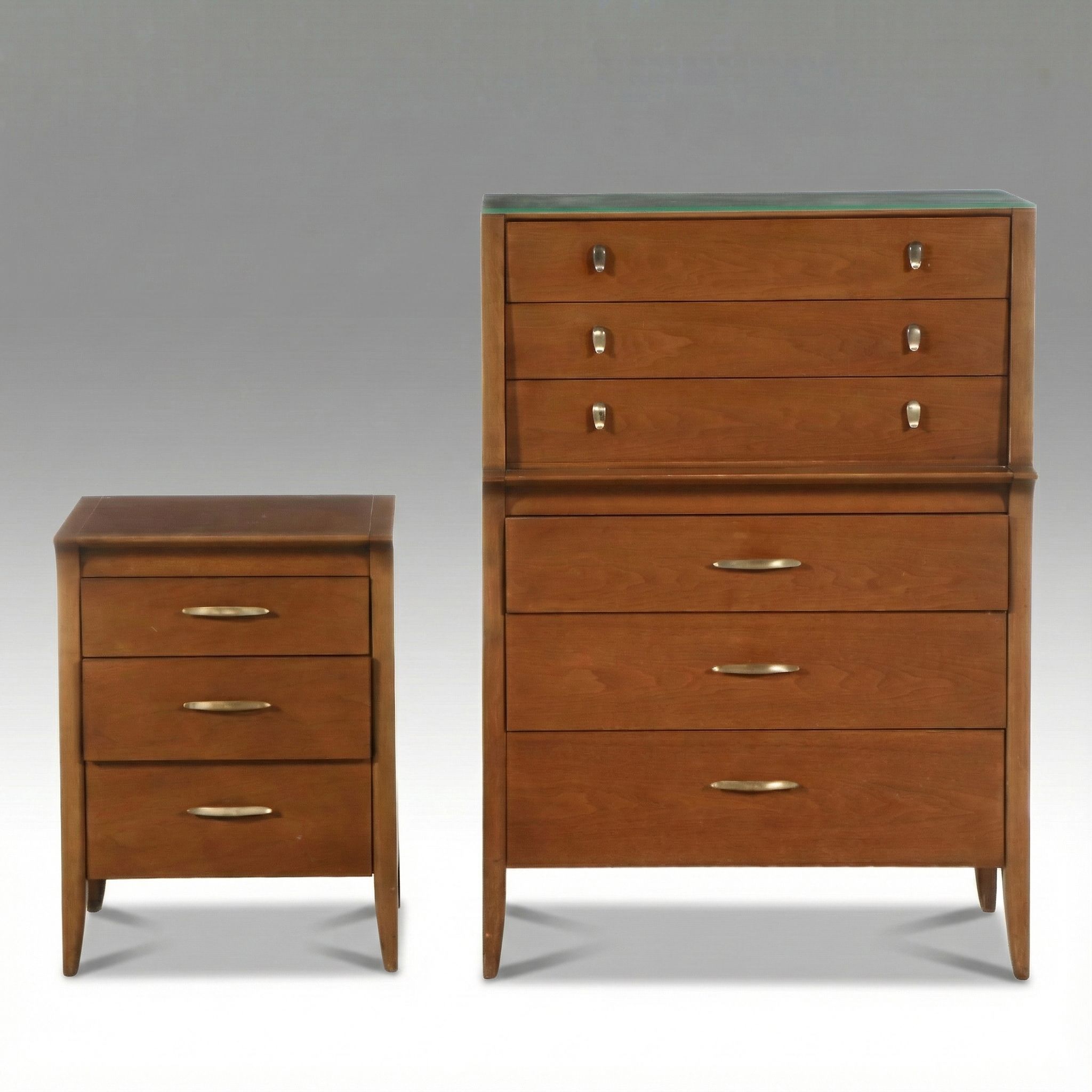 Drexel "Profile" Mid Century Modern Walnut Chest on Chest and Nightstand
