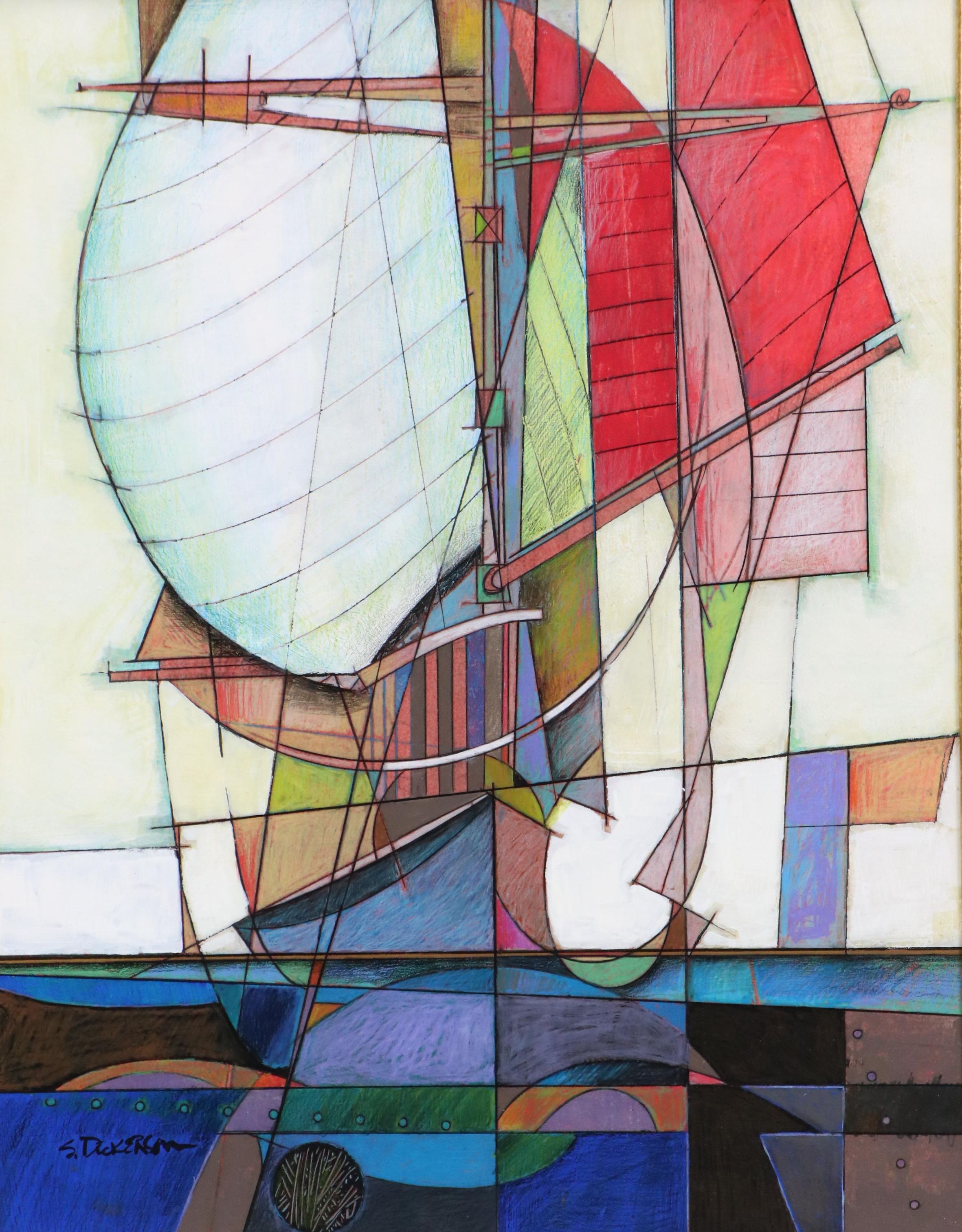 Stephen Dickerson Mixed Media Painting of Abstracted Ship, Late 20th Century