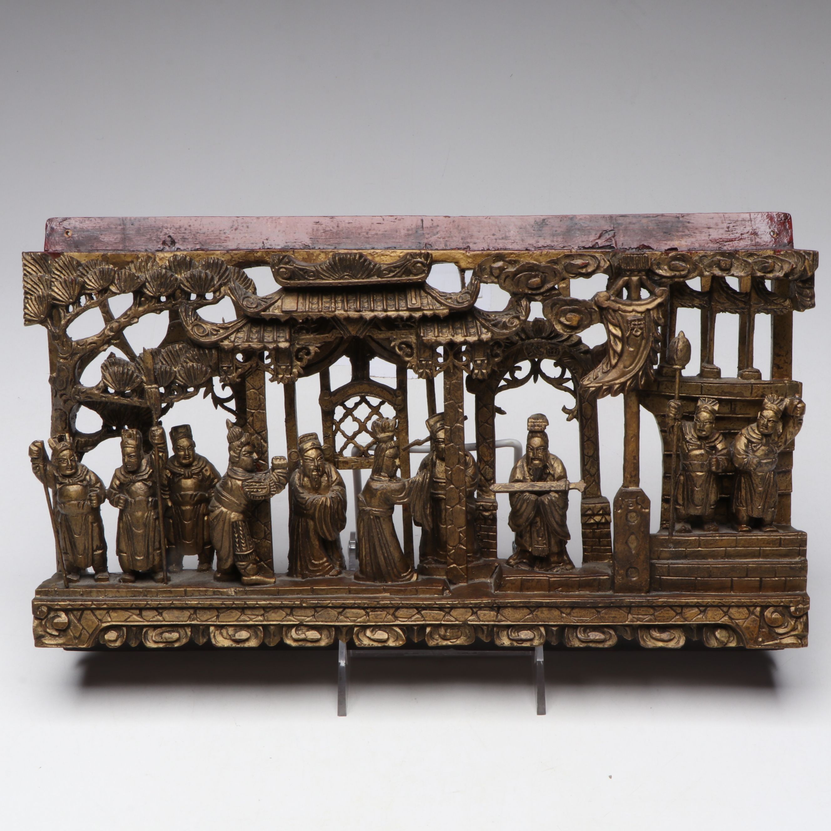Chinese Carved Wood Court and Gilt Battle Scene Temple Reliefs, Early/Mid-20th C