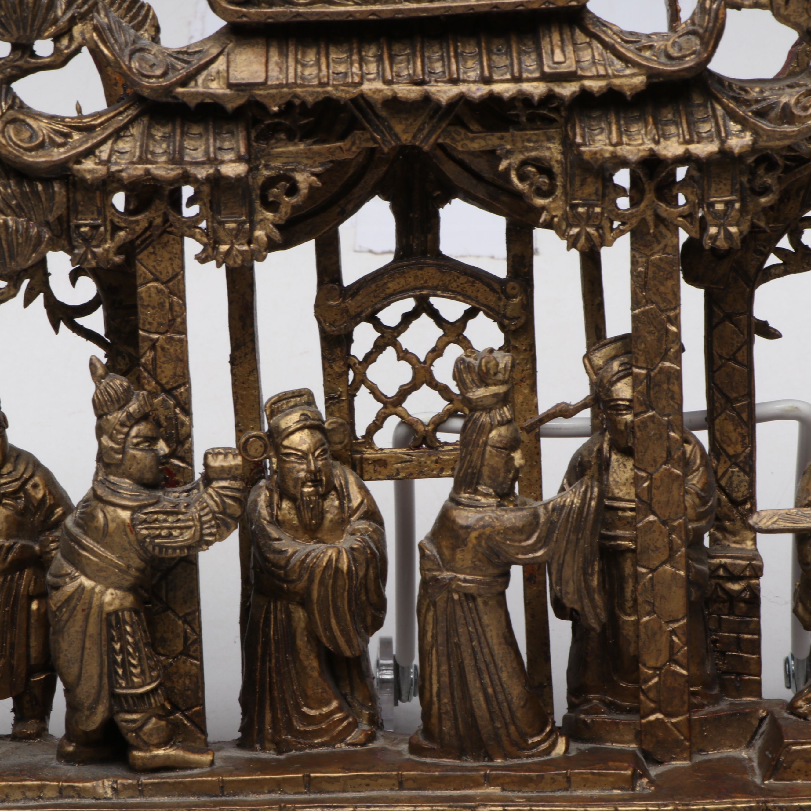 Chinese Carved Wood Court and Gilt Battle Scene Temple Reliefs, Early/Mid-20th C