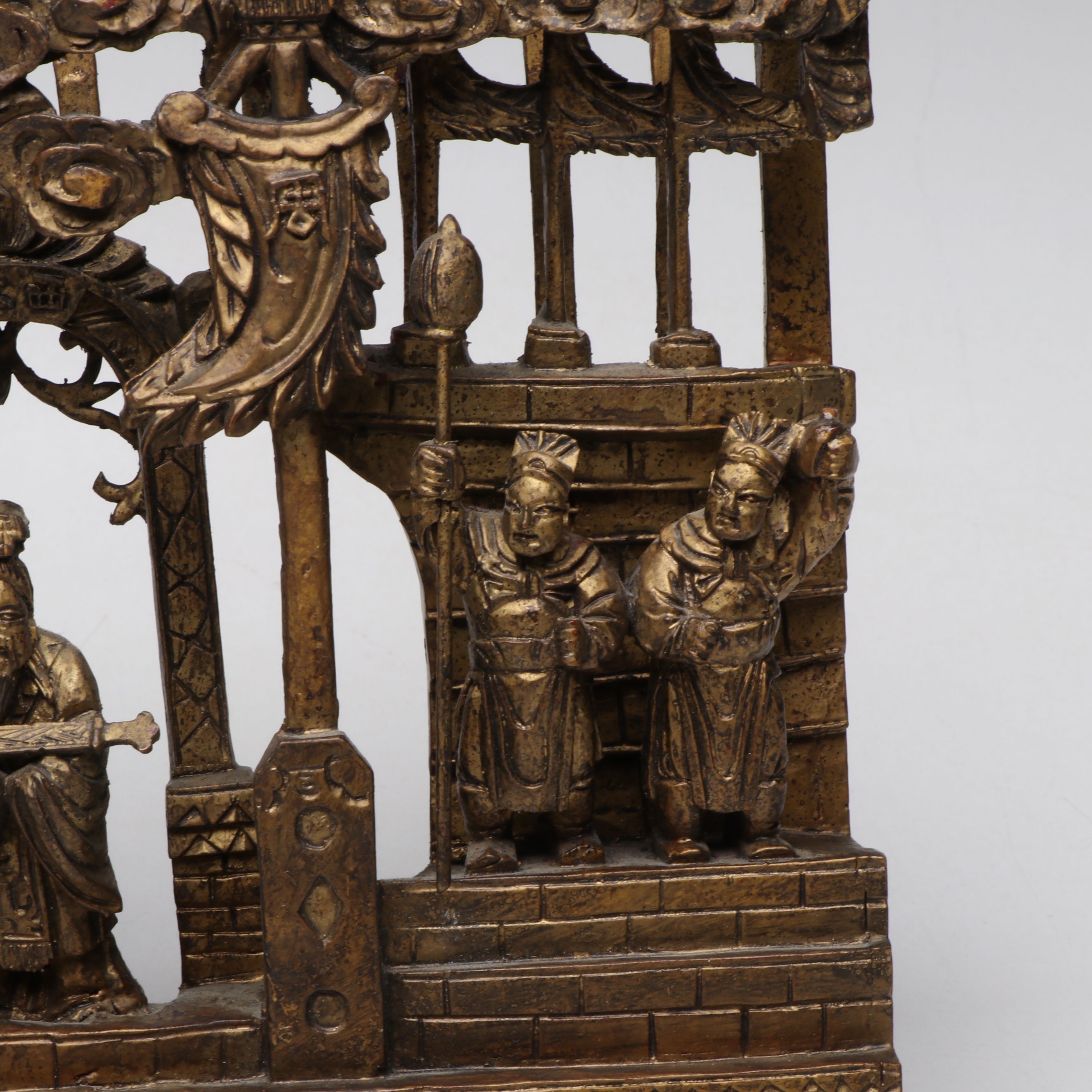 Chinese Carved Wood Court and Gilt Battle Scene Temple Reliefs, Early/Mid-20th C