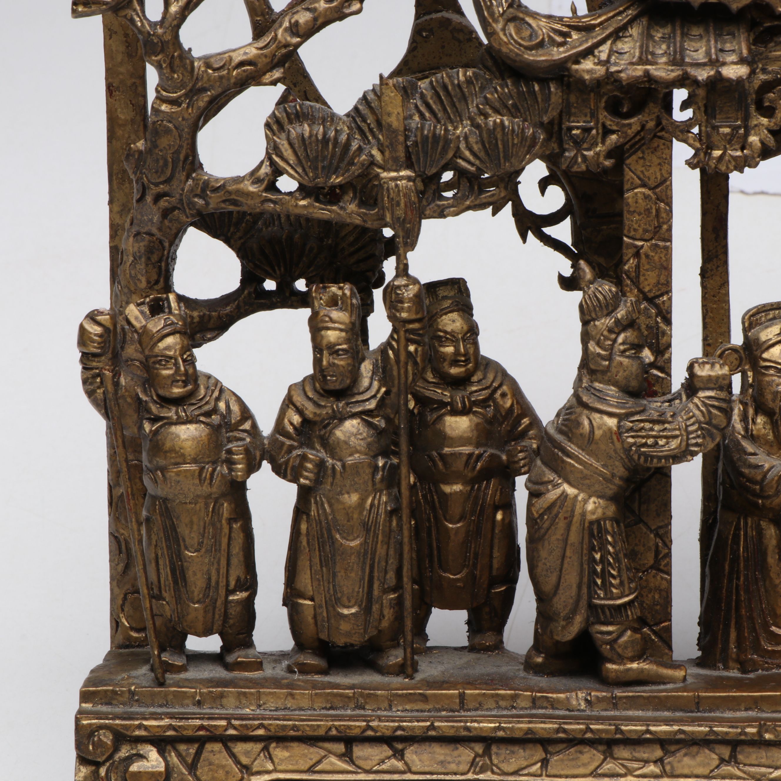 Chinese Carved Wood Court and Gilt Battle Scene Temple Reliefs, Early/Mid-20th C