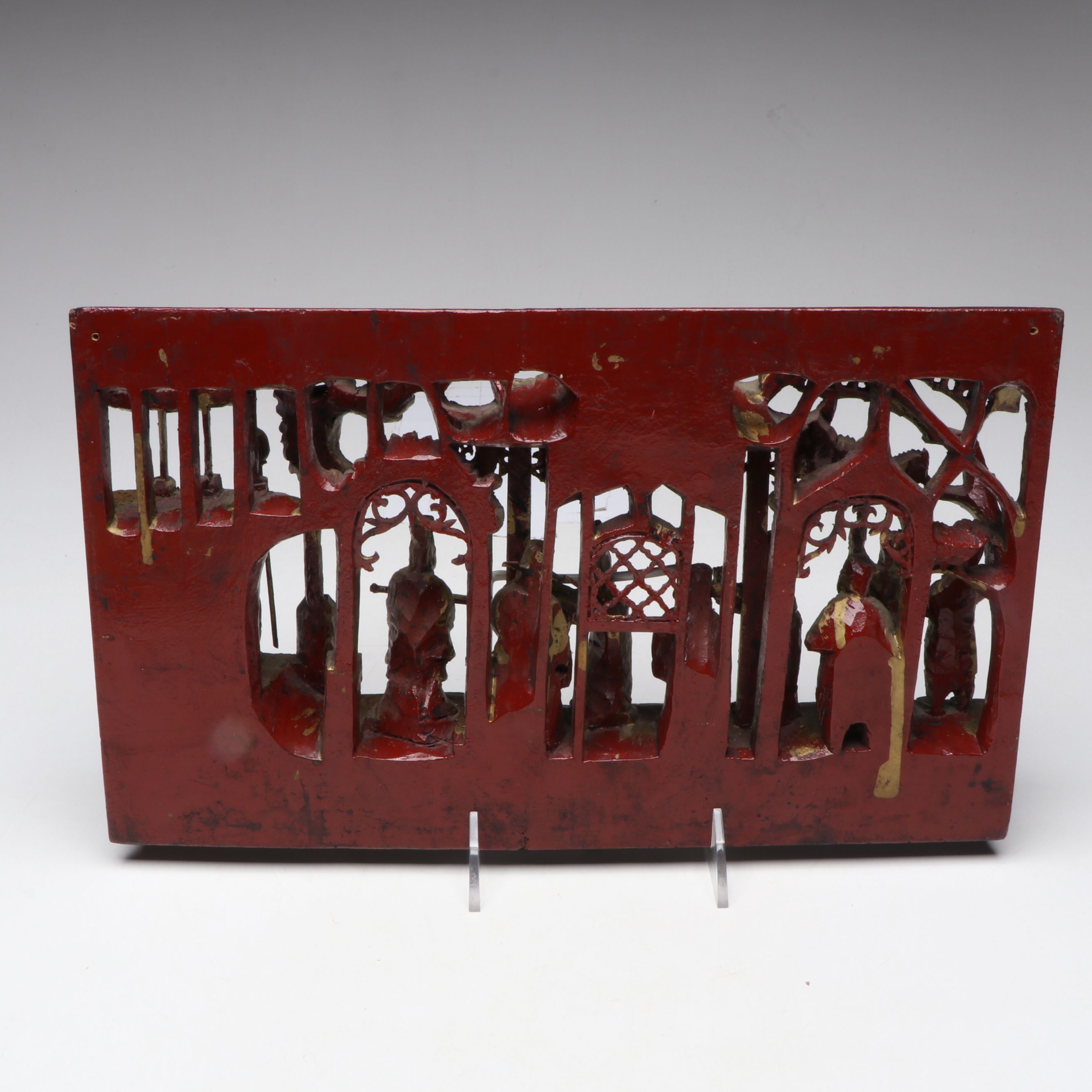 Chinese Carved Wood Court and Gilt Battle Scene Temple Reliefs, Early/Mid-20th C