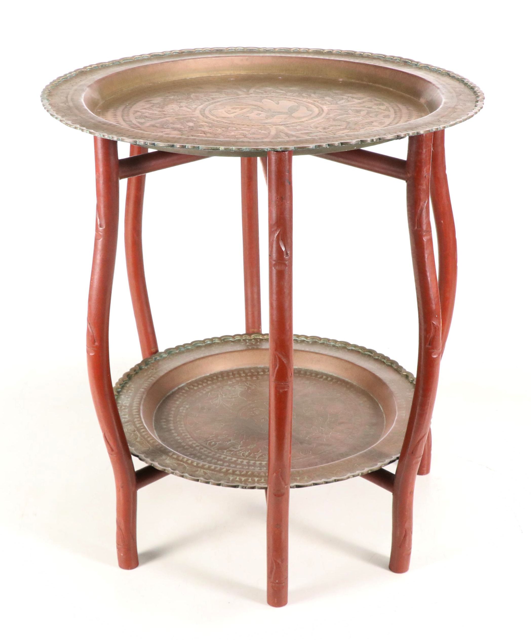 Chinese Folding Two-Tier Table with Etched Brass Trays