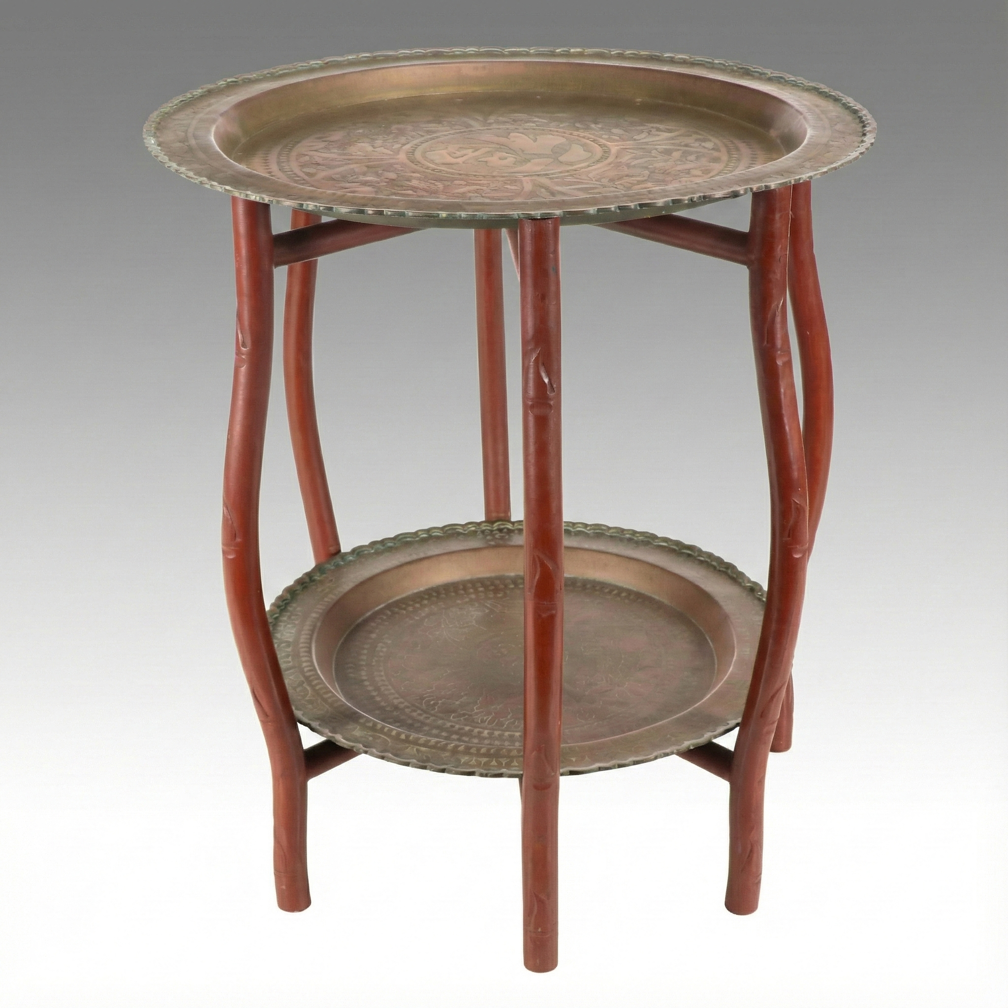 Chinese Folding Two-Tier Table with Etched Brass Trays