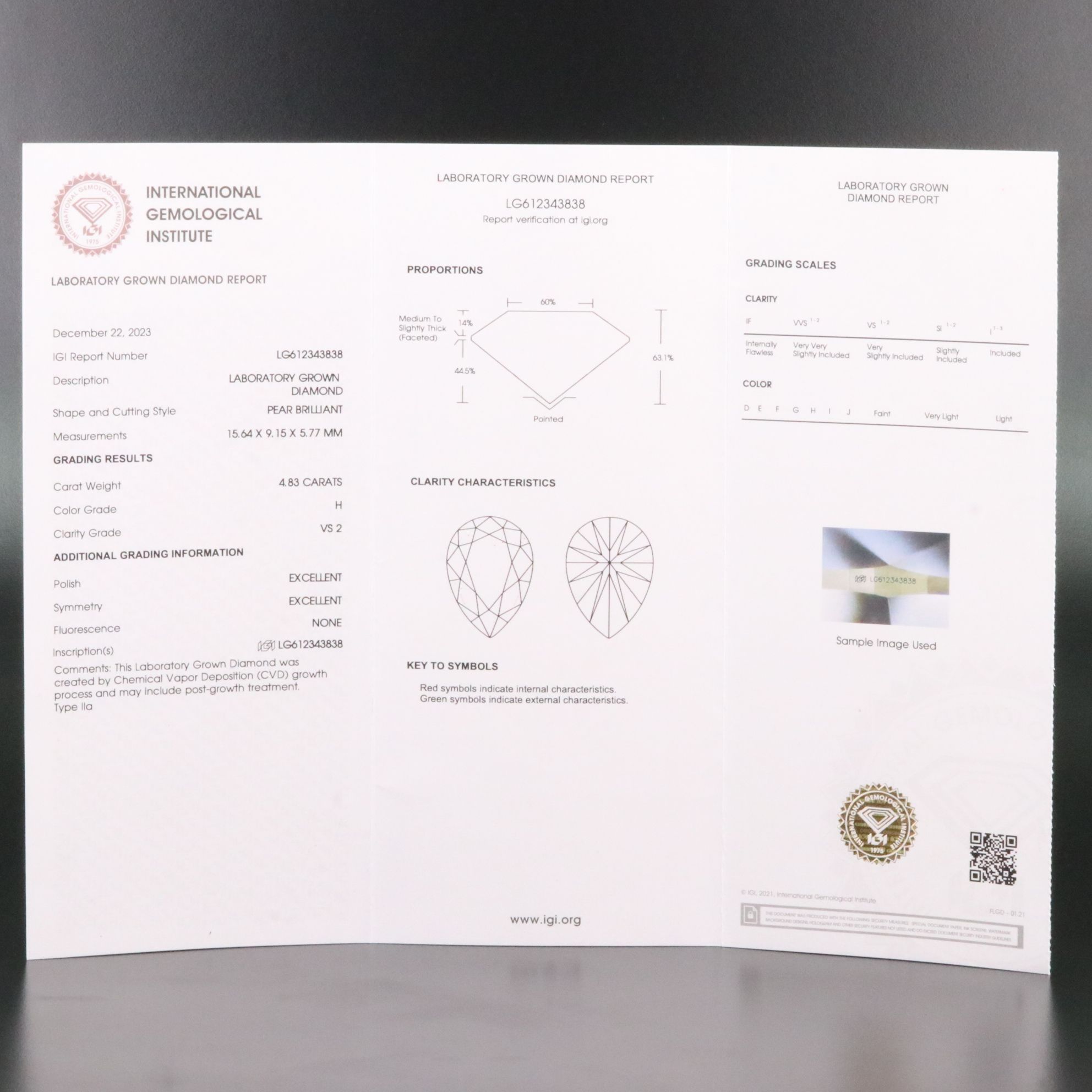 Loose 4.83 CT Lab Grown Diamond with IGI Report