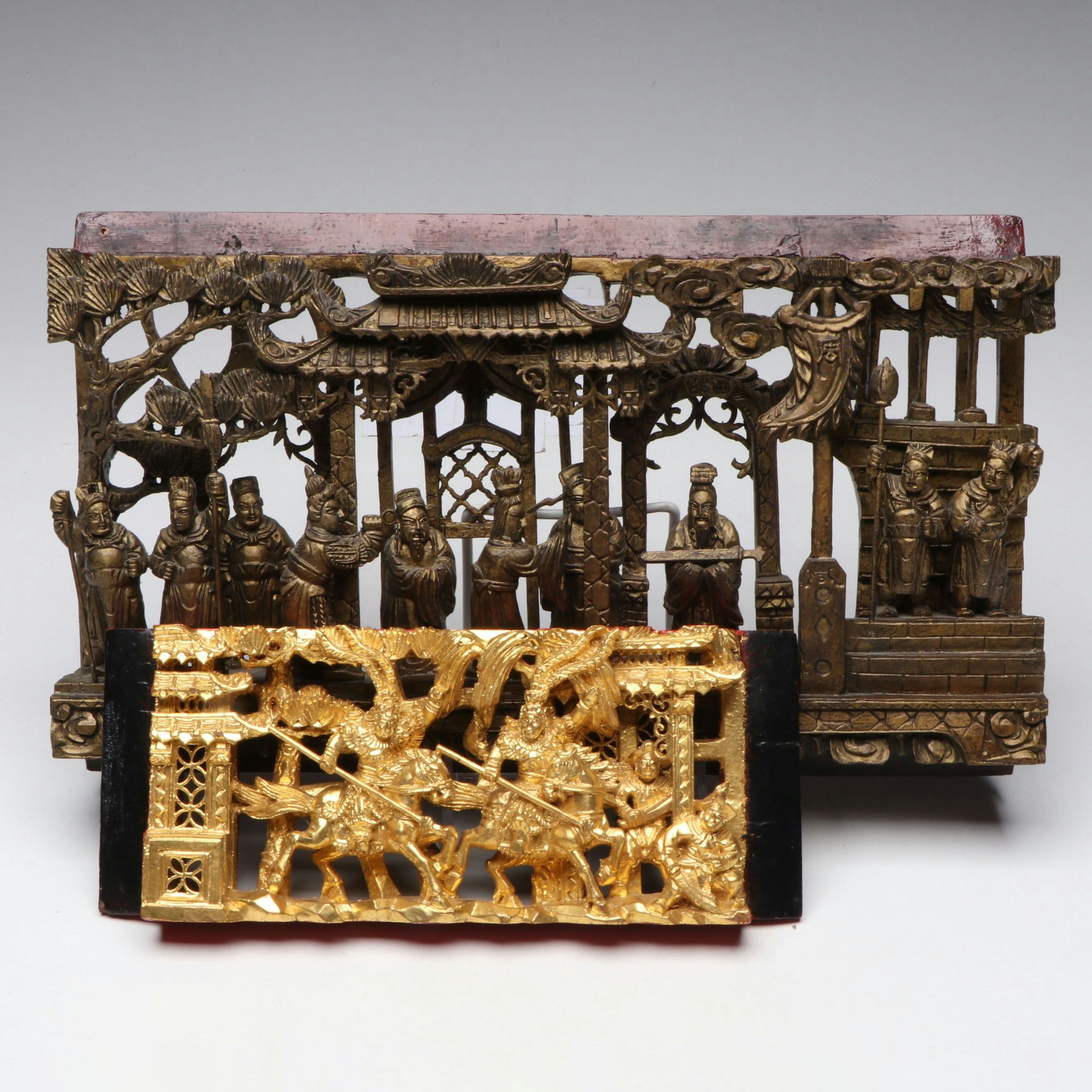 Chinese Carved Wood Court and Gilt Battle Scene Temple Reliefs, Early/Mid-20th C