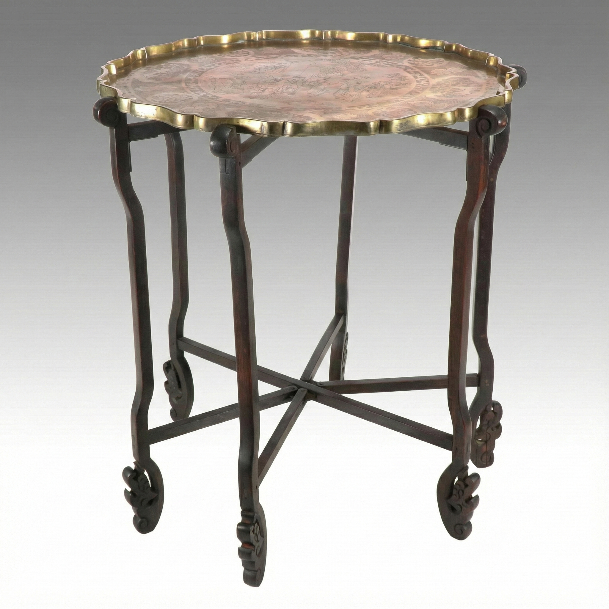Chinese Brass Tray Table with a Folding Hardwood Base and Carved Dragon Legs