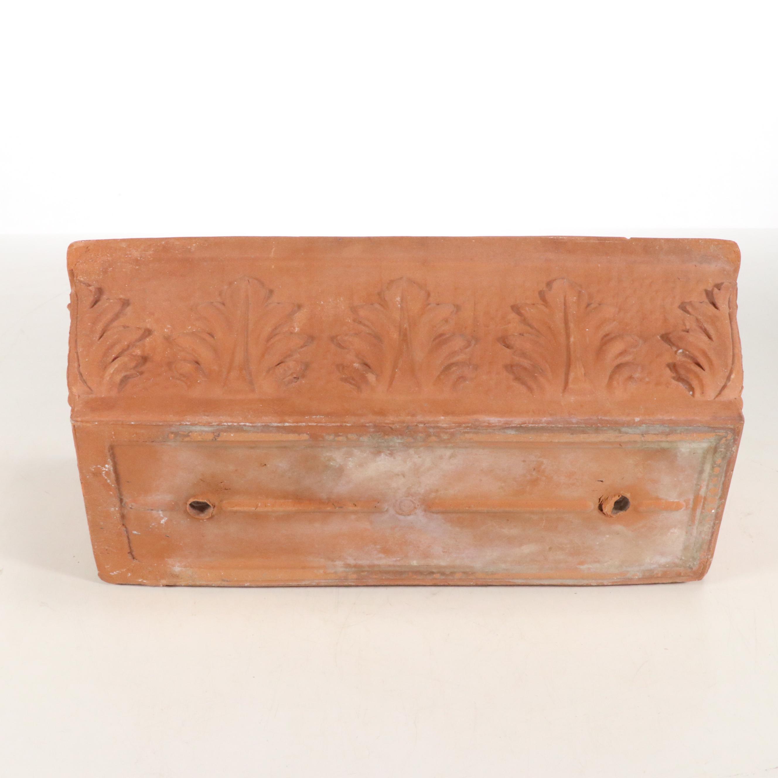 Italian Terracotta Window Box Planters with Leaf Motifs, Vintage