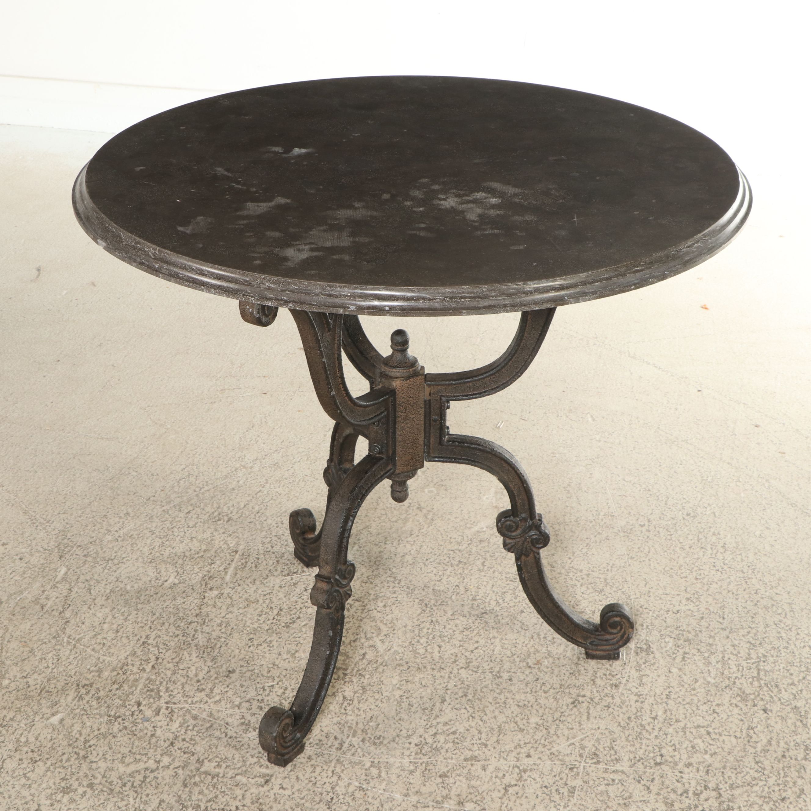 French Style Stone Top Cast Iron Bistro Table with Three Dining Chairs
