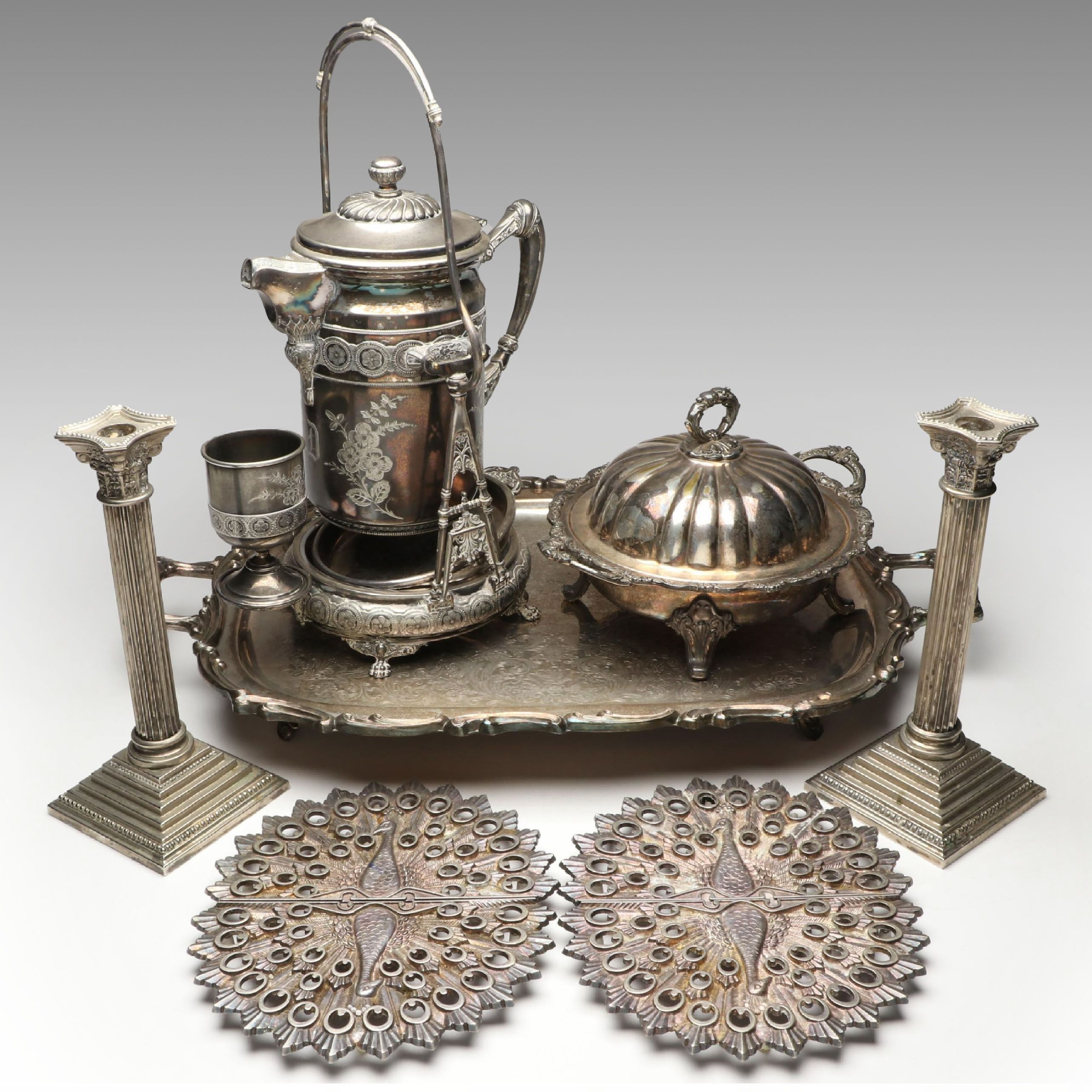 Wilcox Silver Plate Tilting Water Pitcher and Goblet with Other Tableware