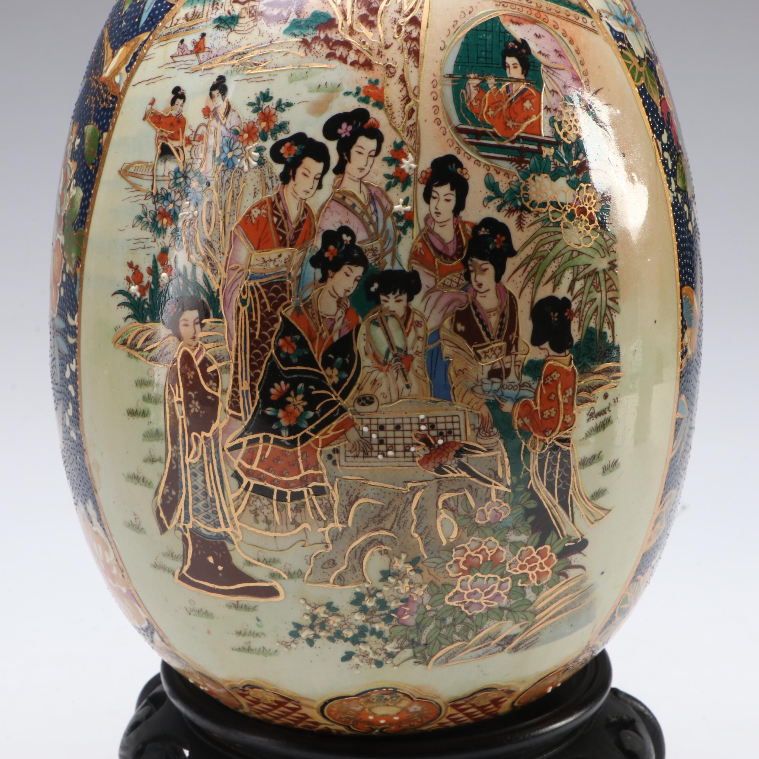 Chinese Satsuma Style Porcelain Moriage Egg with Stand