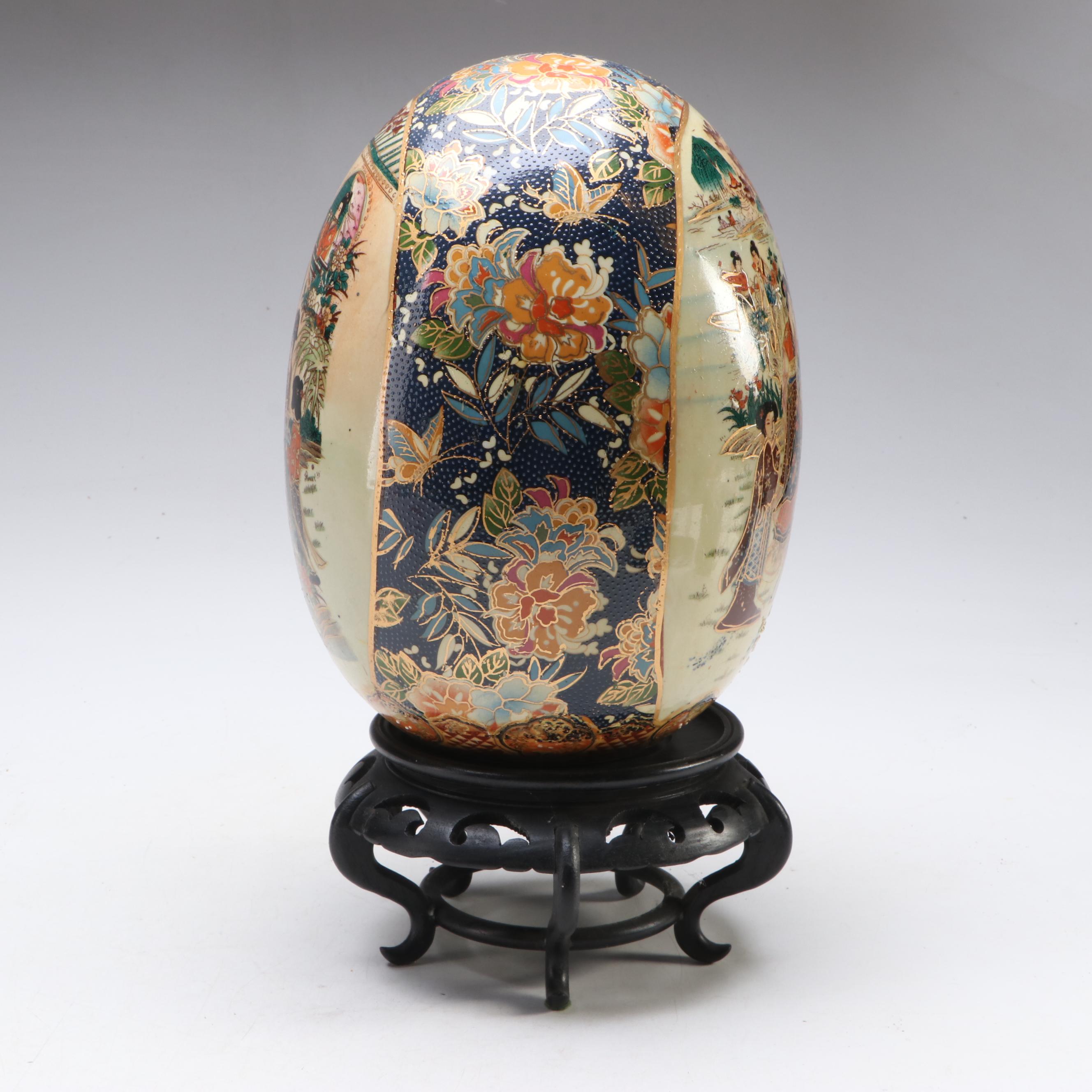 Chinese Satsuma Style Porcelain Moriage Egg with Stand