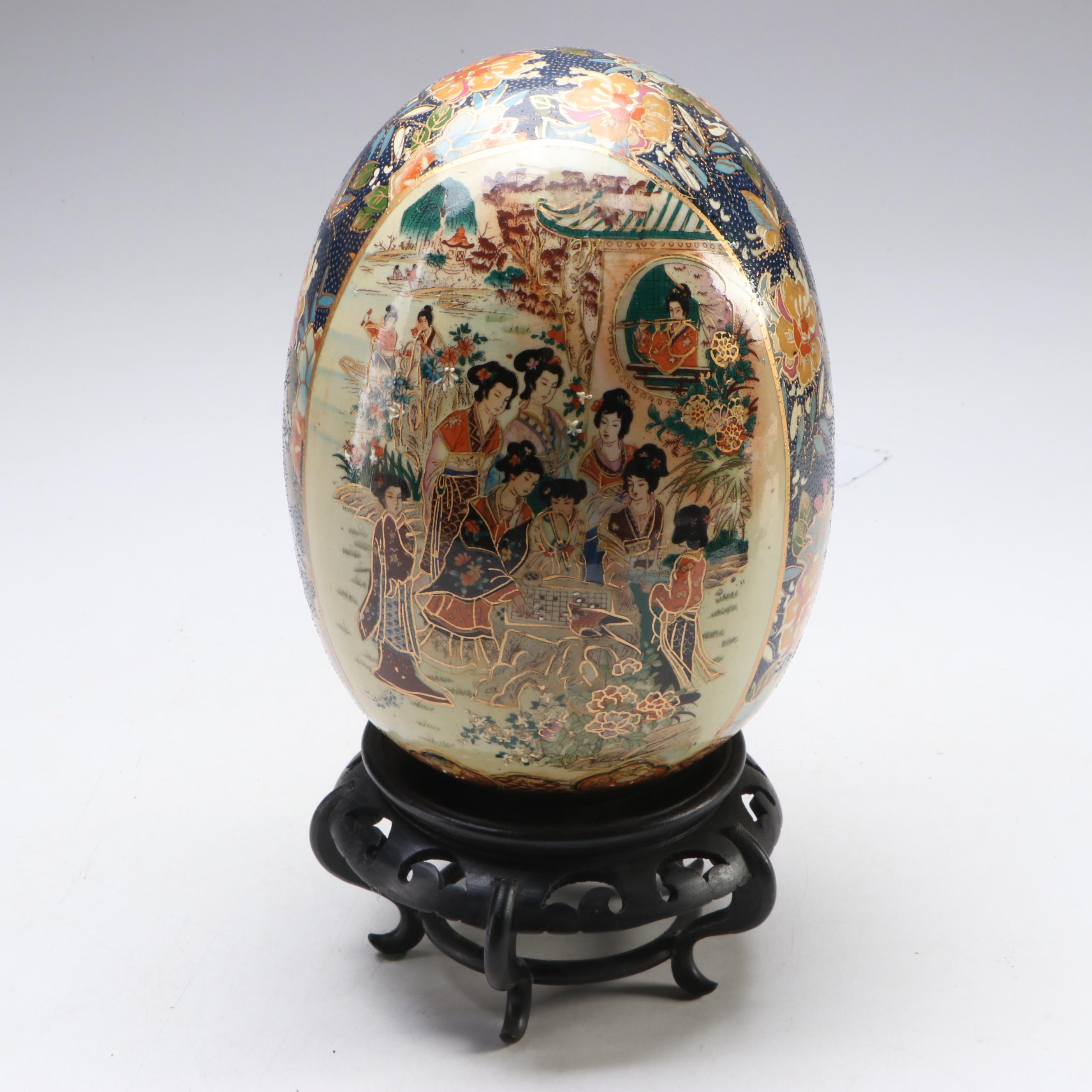 Chinese Satsuma Style Porcelain Moriage Egg with Stand
