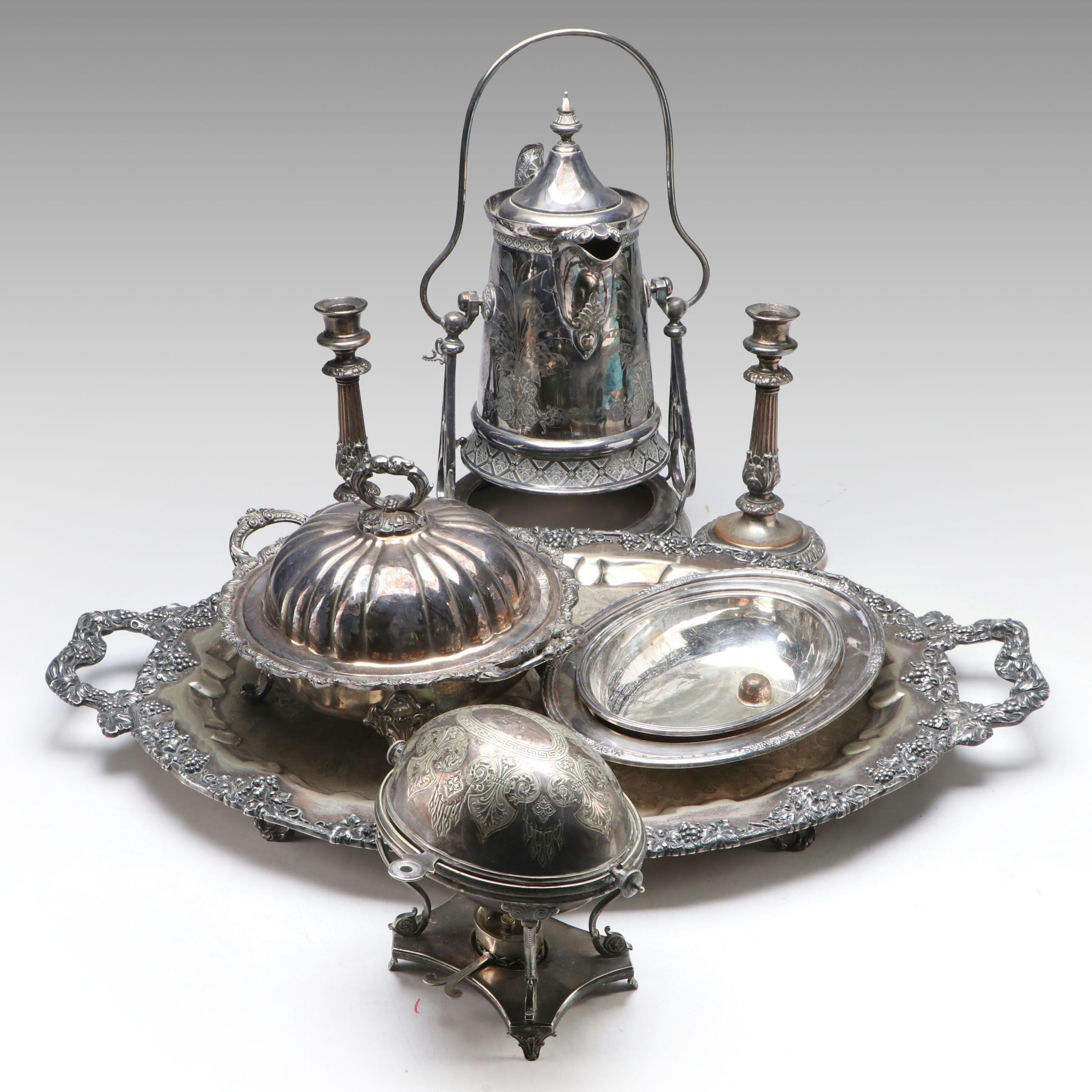 Wilcox Silver Plate Tilting Water Pitcher with Other Tray and Table Accessories