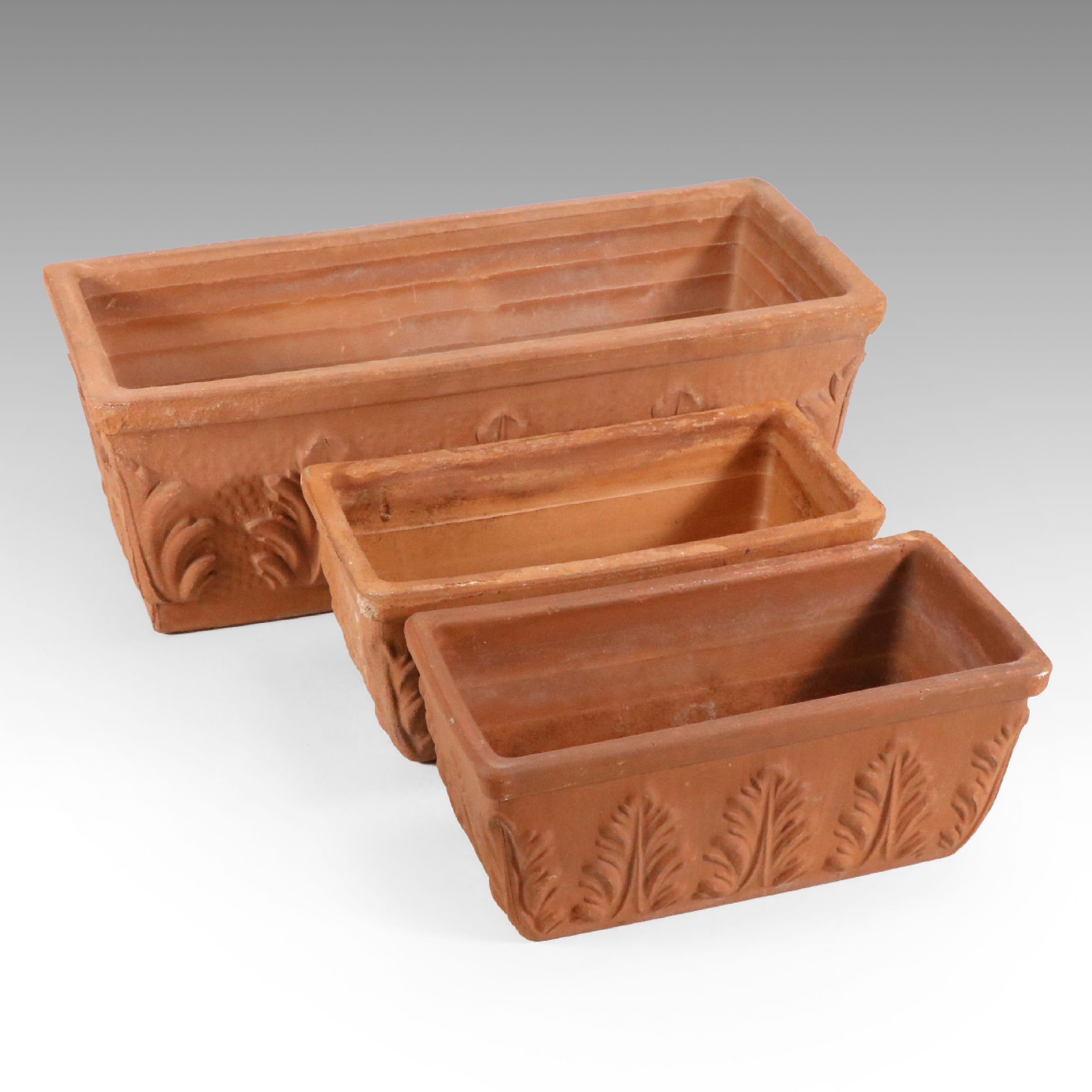 Italian Terracotta Window Box Planters with Leaf Motifs, Vintage