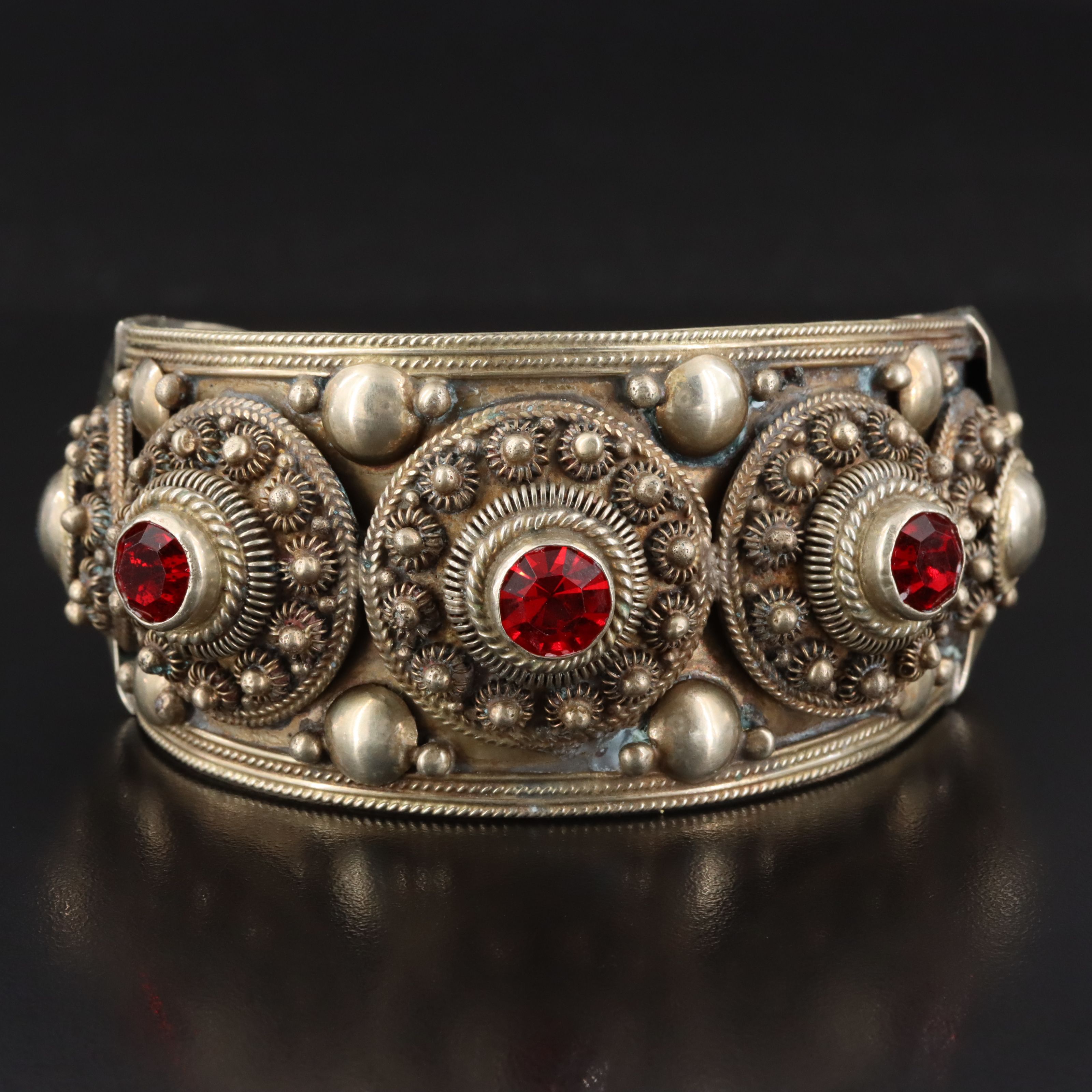 Vintage Siam Sterling Glass Cannetille Cuff Bracelet