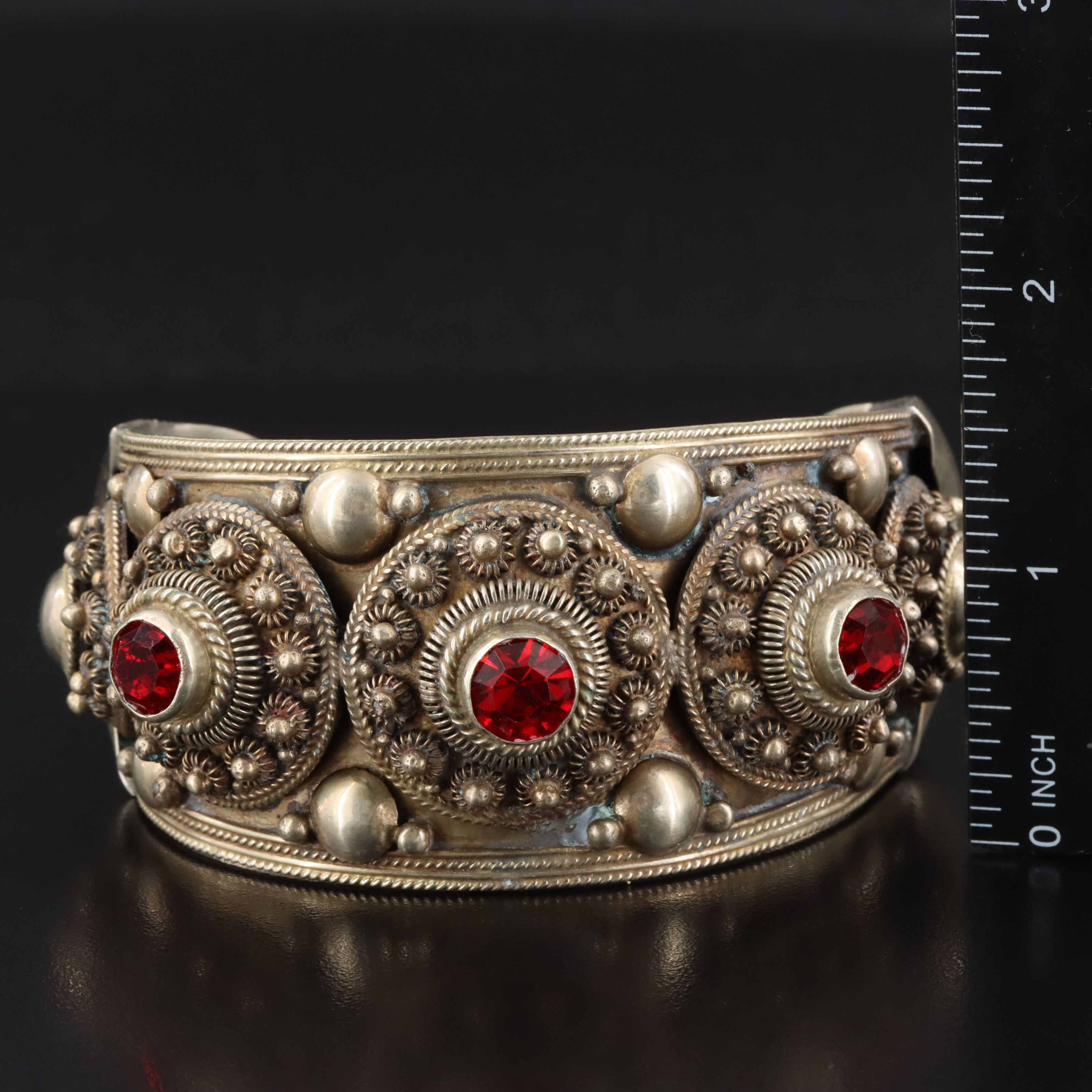 Vintage Siam Sterling Glass Cannetille Cuff Bracelet