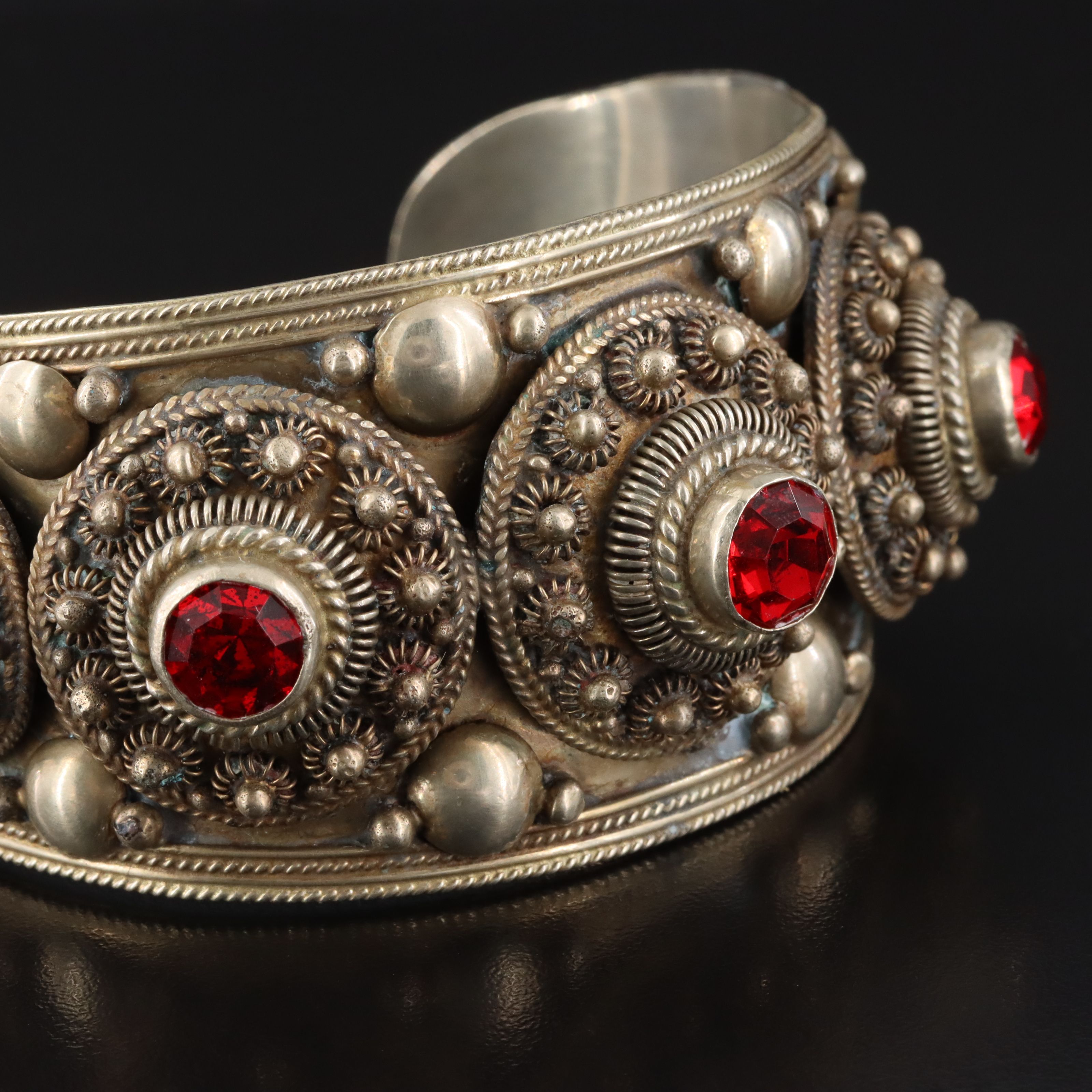 Vintage Siam Sterling Glass Cannetille Cuff Bracelet