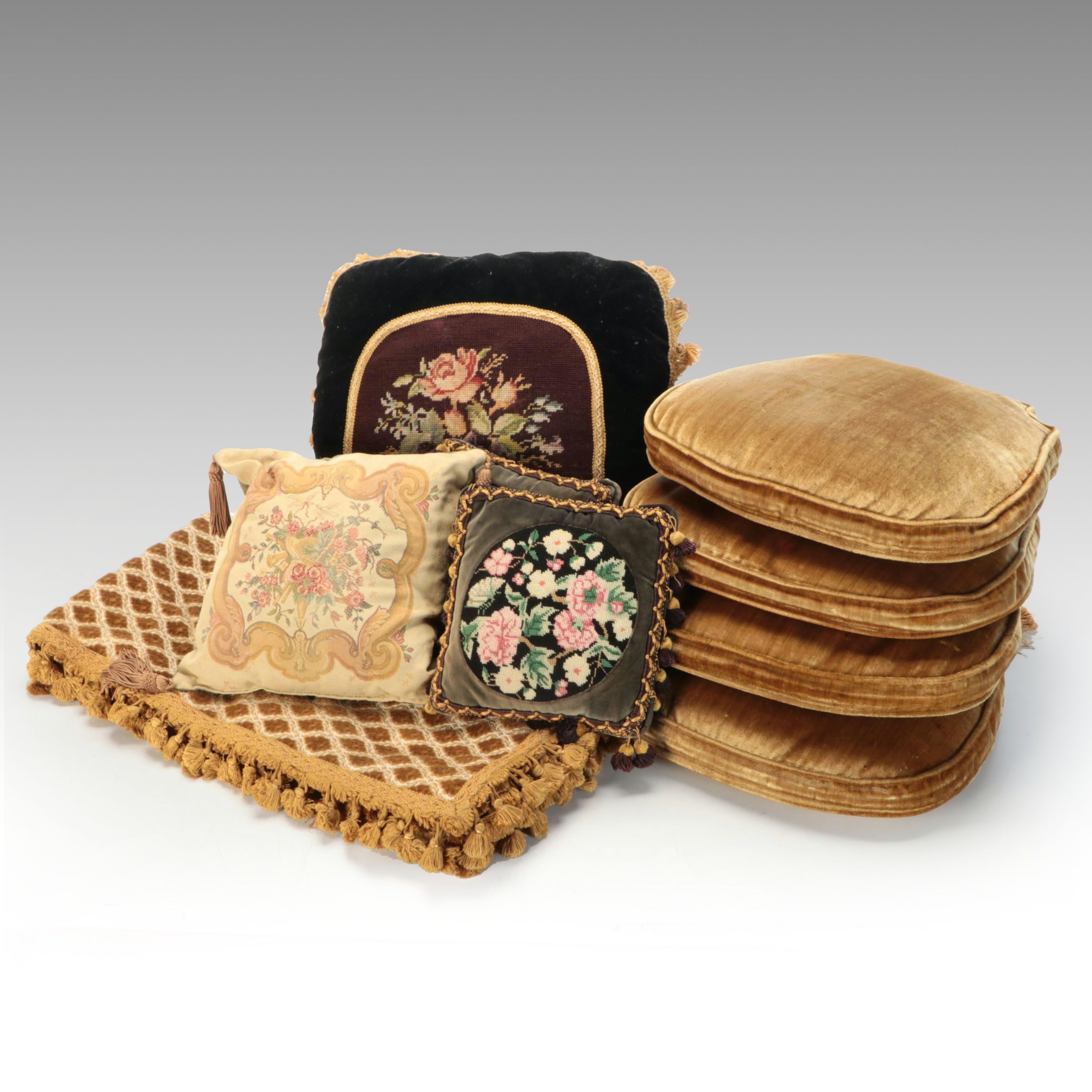 Needlepoint Pom-Pom Accented with Other Pillows and Seat Cushions