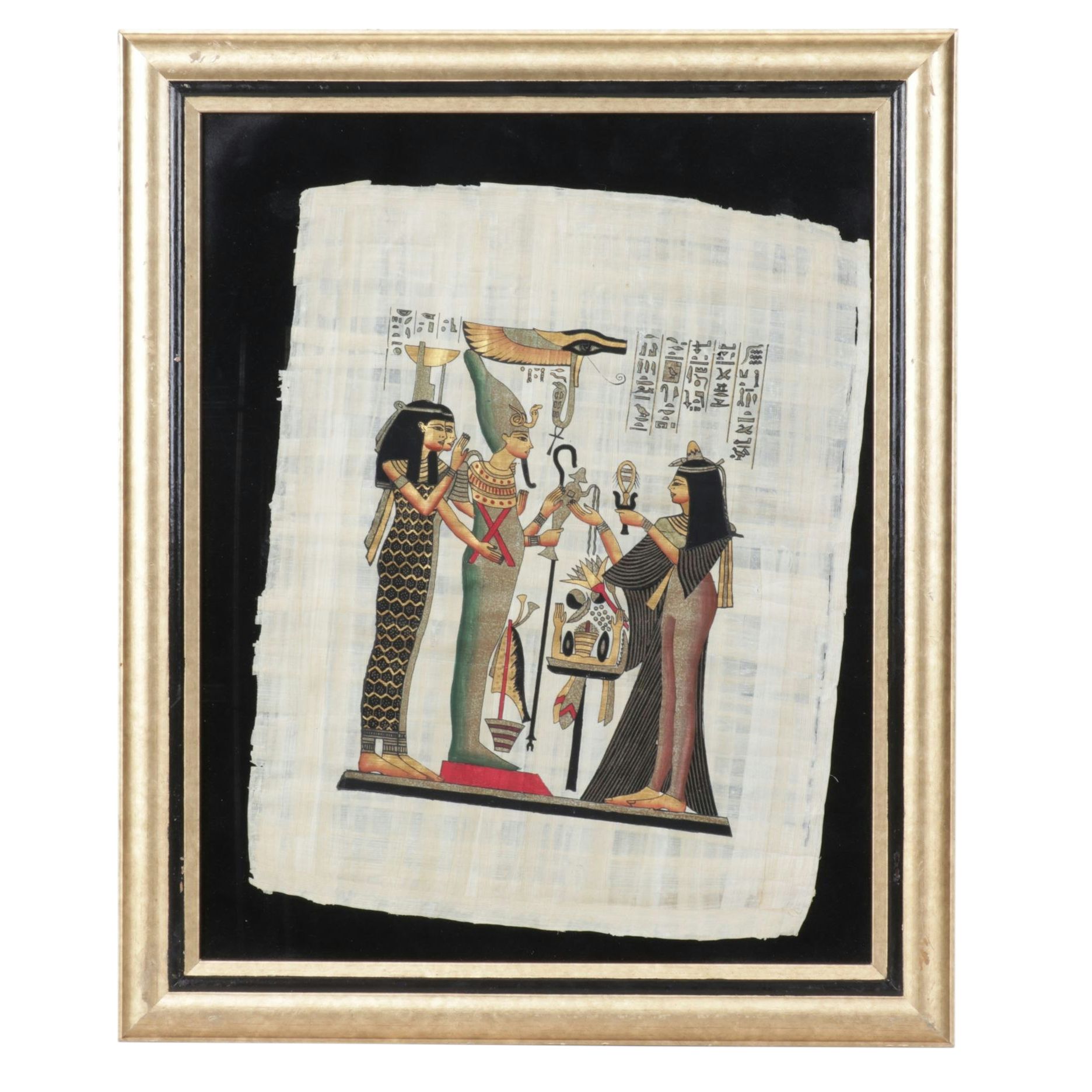 Egyptian Style Gouache Painting of Princess Offering to Osiris, Isis, & Nephthys