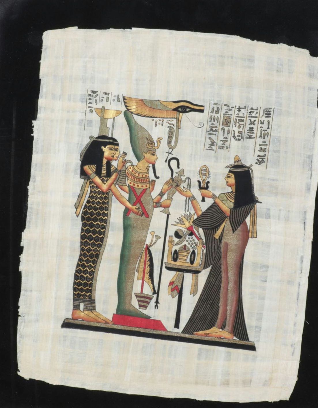 Egyptian Style Gouache Painting of Princess Offering to Osiris, Isis, & Nephthys