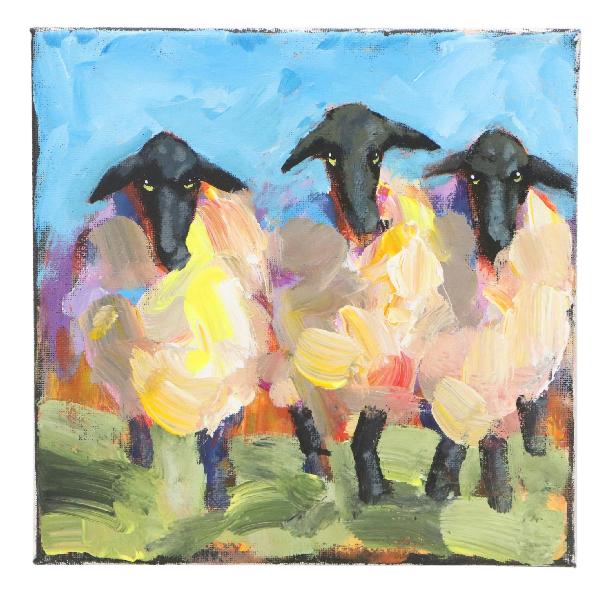 Elle Raines Stylized Acrylic Painting "Three Sheep"